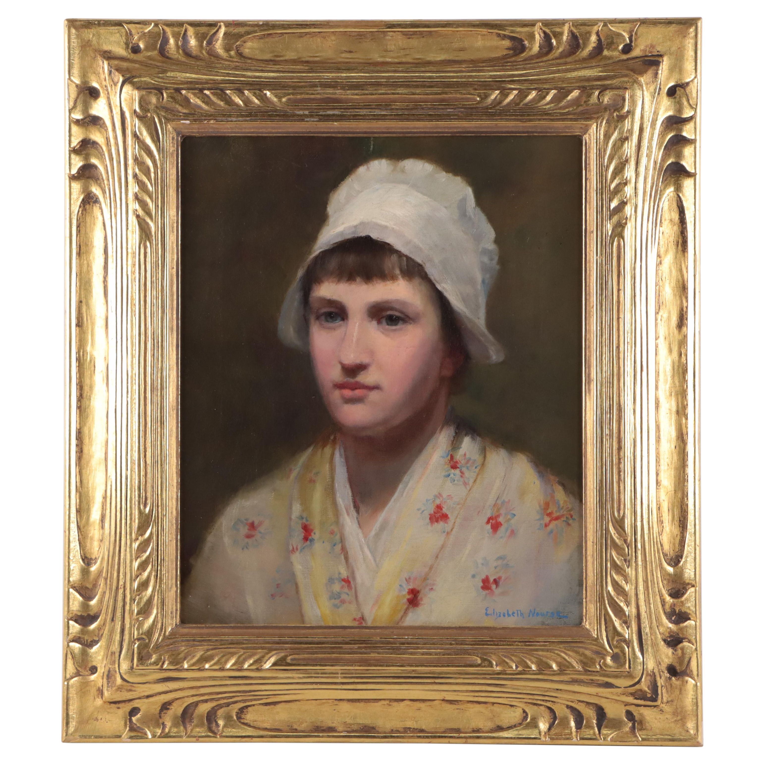 Elizabeth Nourse Portrait Oil Painting of a Young Lady in Bonnet, Circa 1894