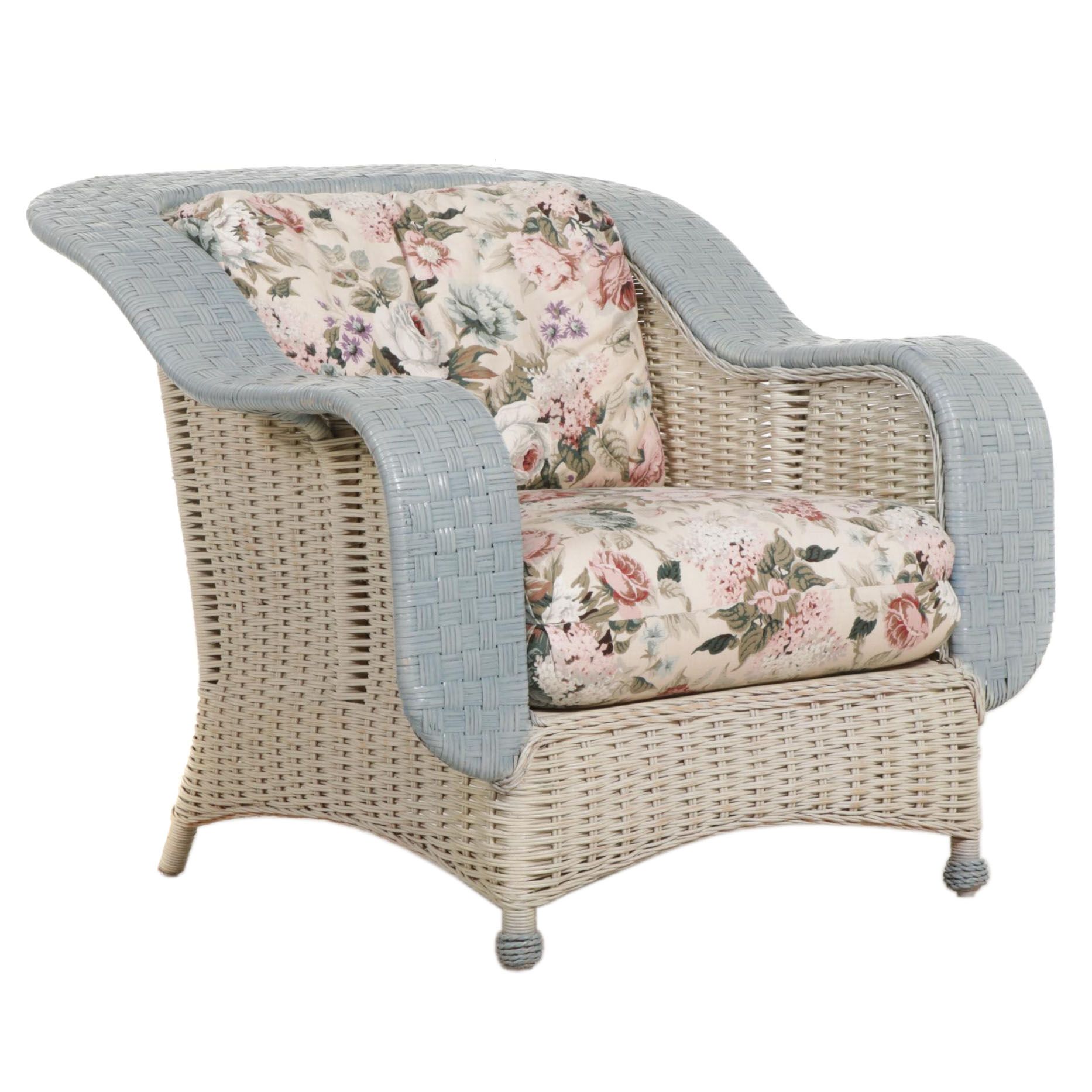 Painted Rattan Wicker Armchair With Upholstered Cushions, 21st Century