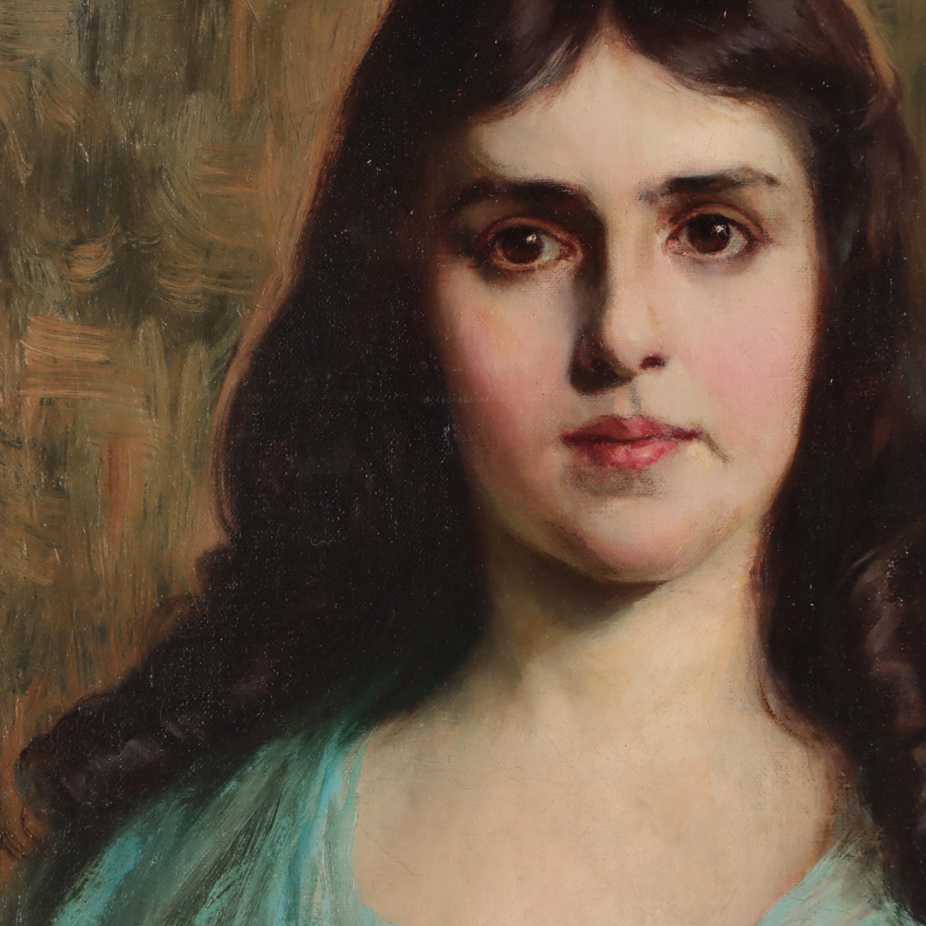 Henry Mosler Portrait Oil Painting "A Beautiful Debutante in Blue Silk Dress"