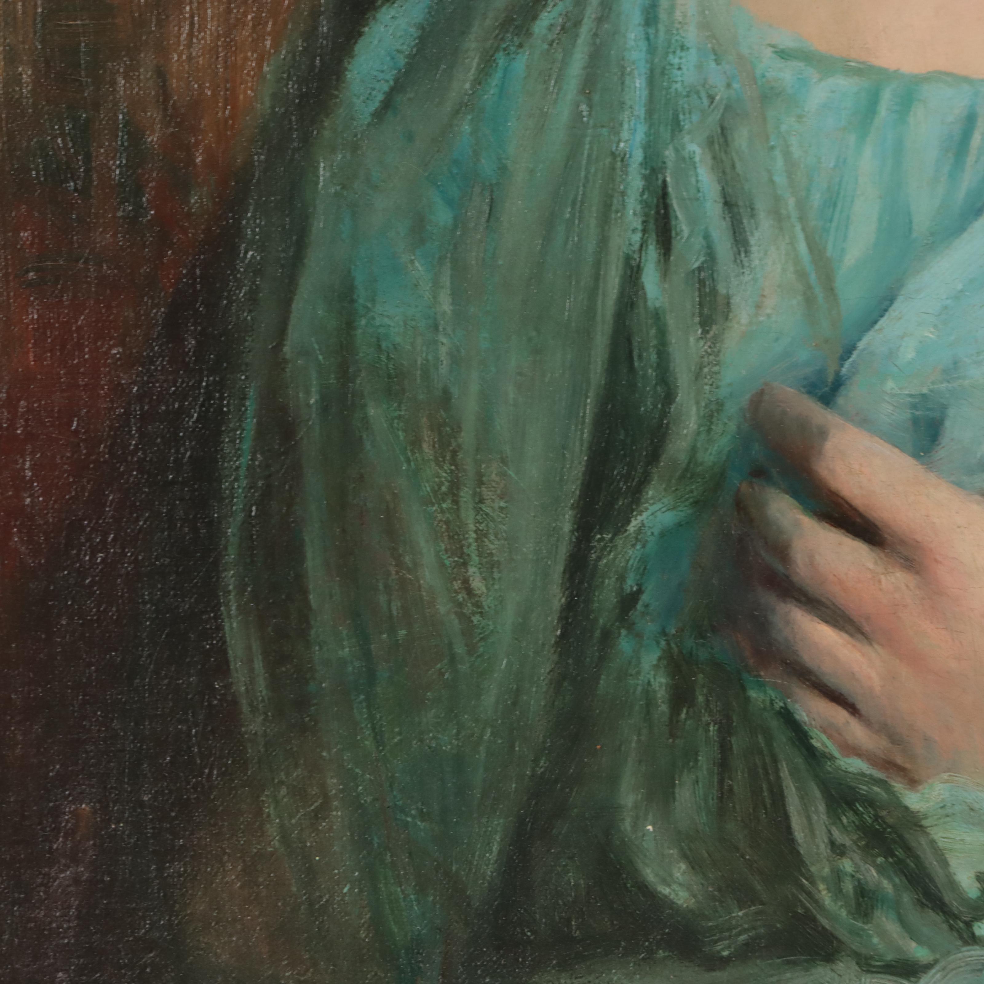 Henry Mosler Portrait Oil Painting "A Beautiful Debutante in Blue Silk Dress"