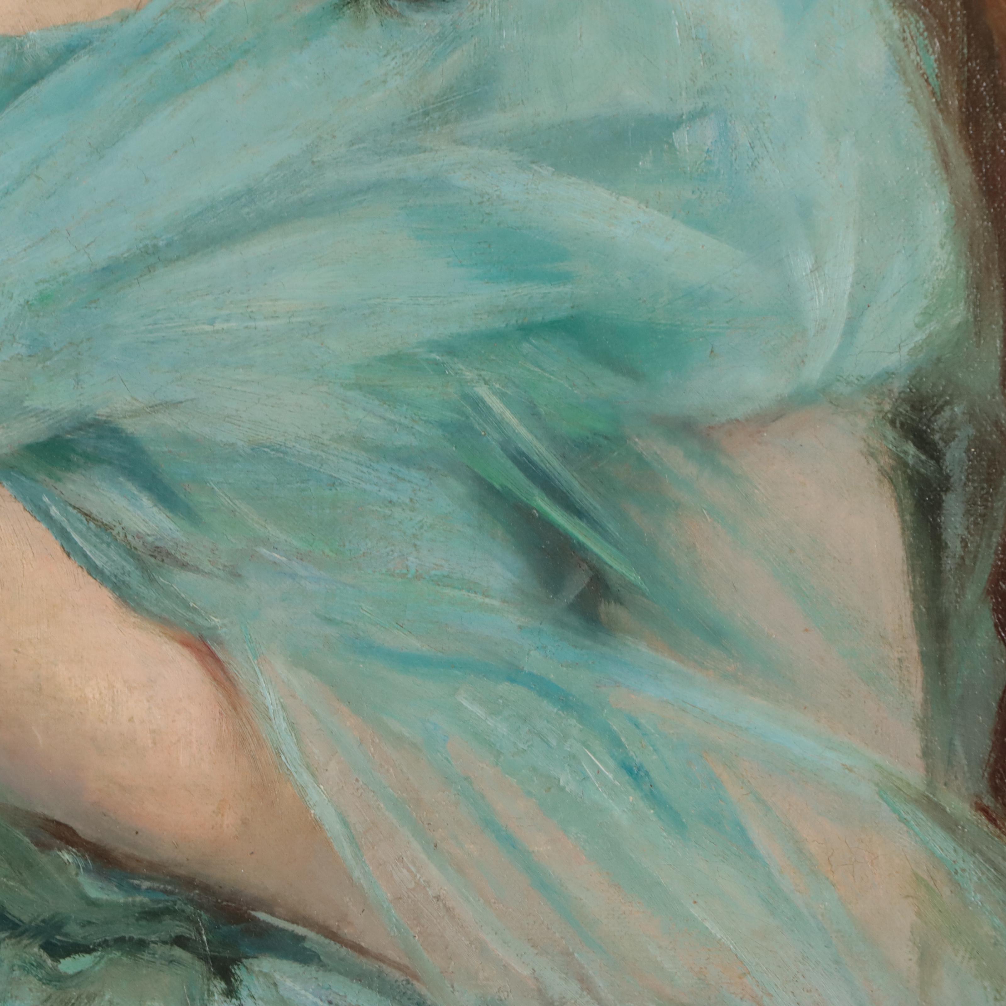 Henry Mosler Portrait Oil Painting "A Beautiful Debutante in Blue Silk Dress"