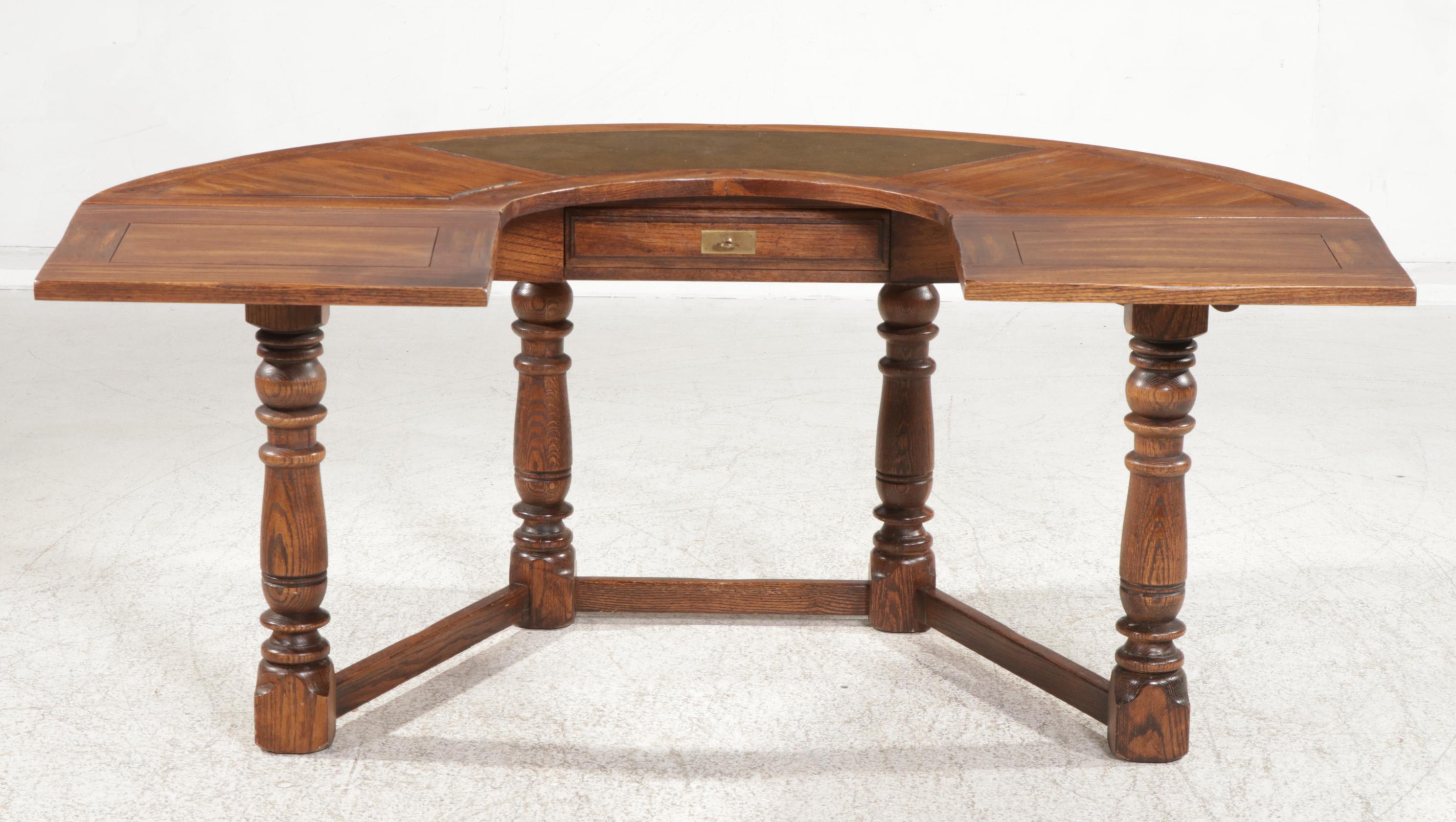 Jacobean Style Oak Drop-Leaf Crescent Hunt Table, Late 20th Century