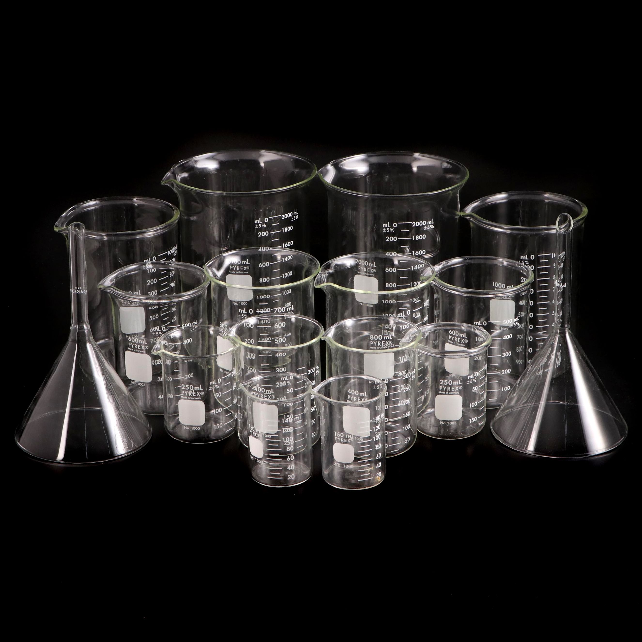 Pyrex Laboratory Glass No. 1000 and No. 1003 Beakers with Funnels