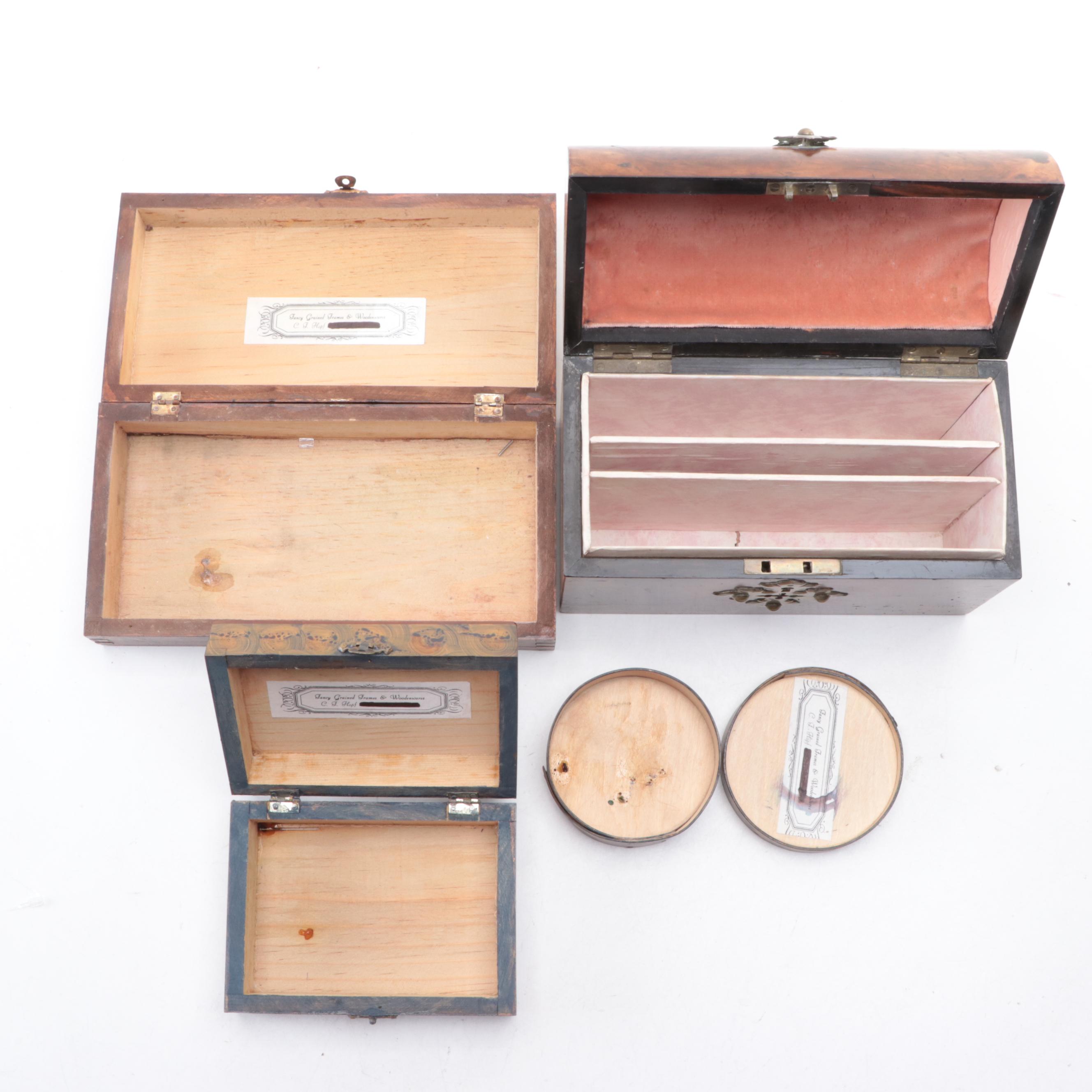 Fancy Wood Grained Boxes by C. F. Hopf with English Burl Letterbox