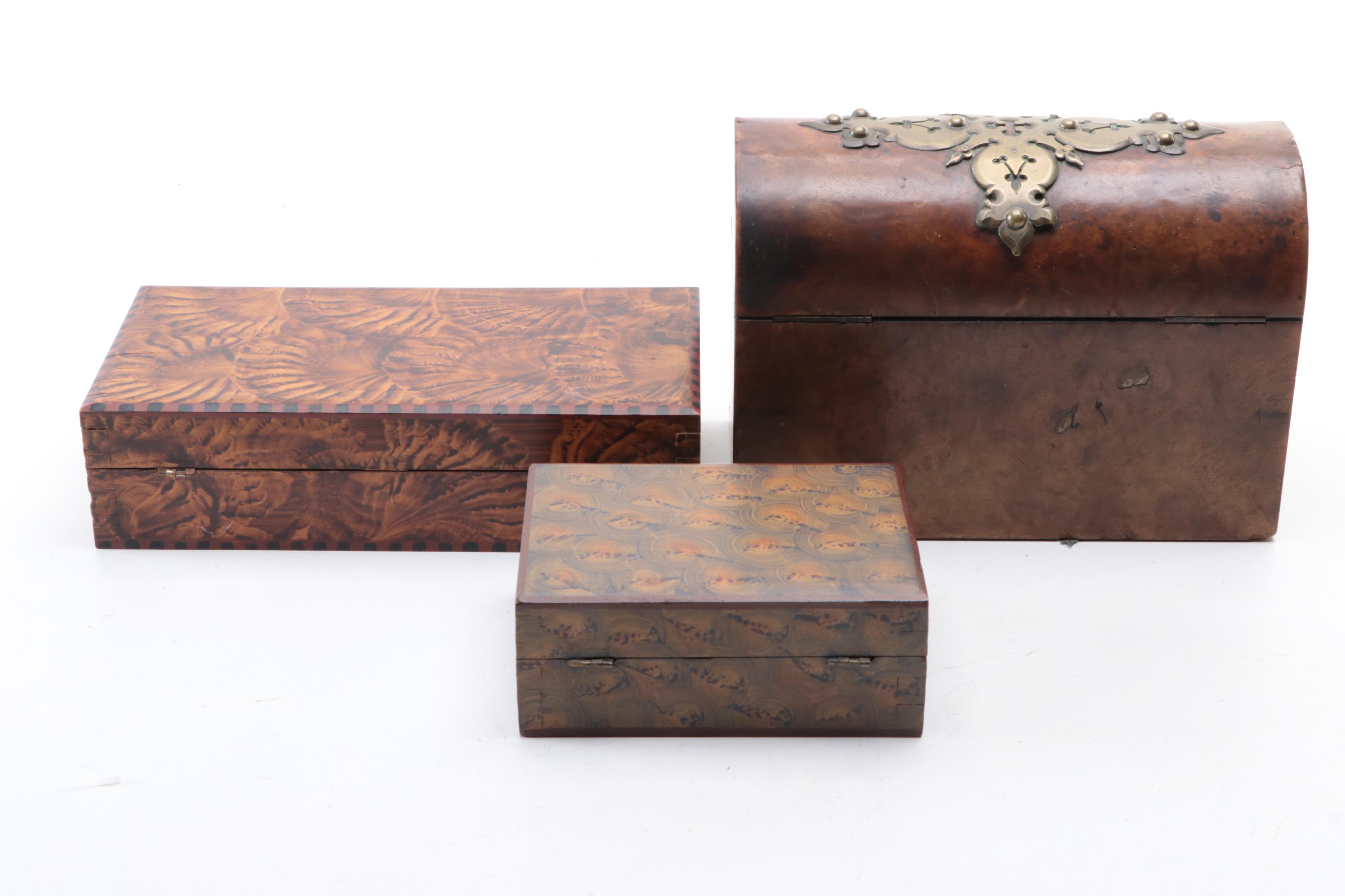 Fancy Wood Grained Boxes by C. F. Hopf with English Burl Letterbox