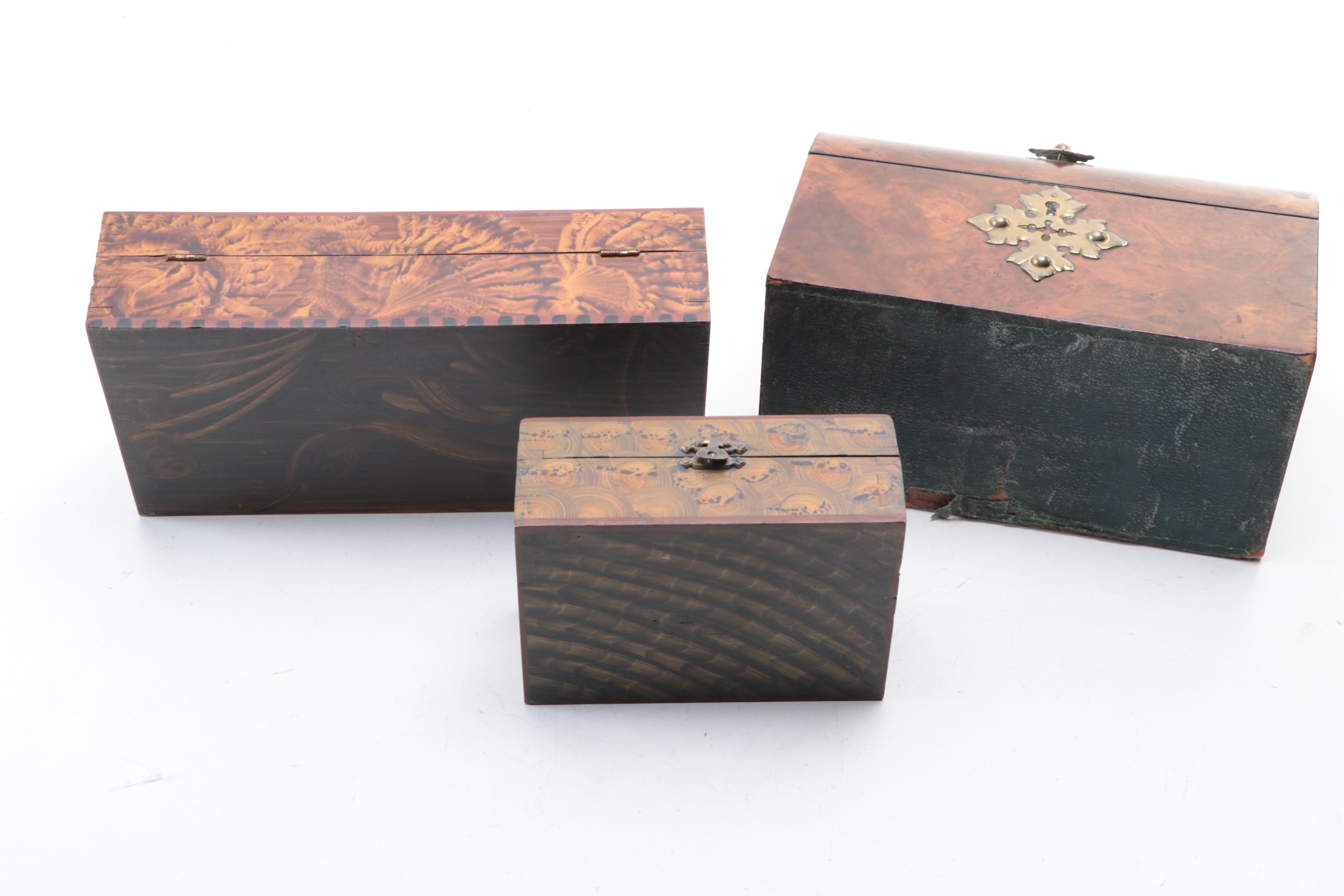 Fancy Wood Grained Boxes by C. F. Hopf with English Burl Letterbox