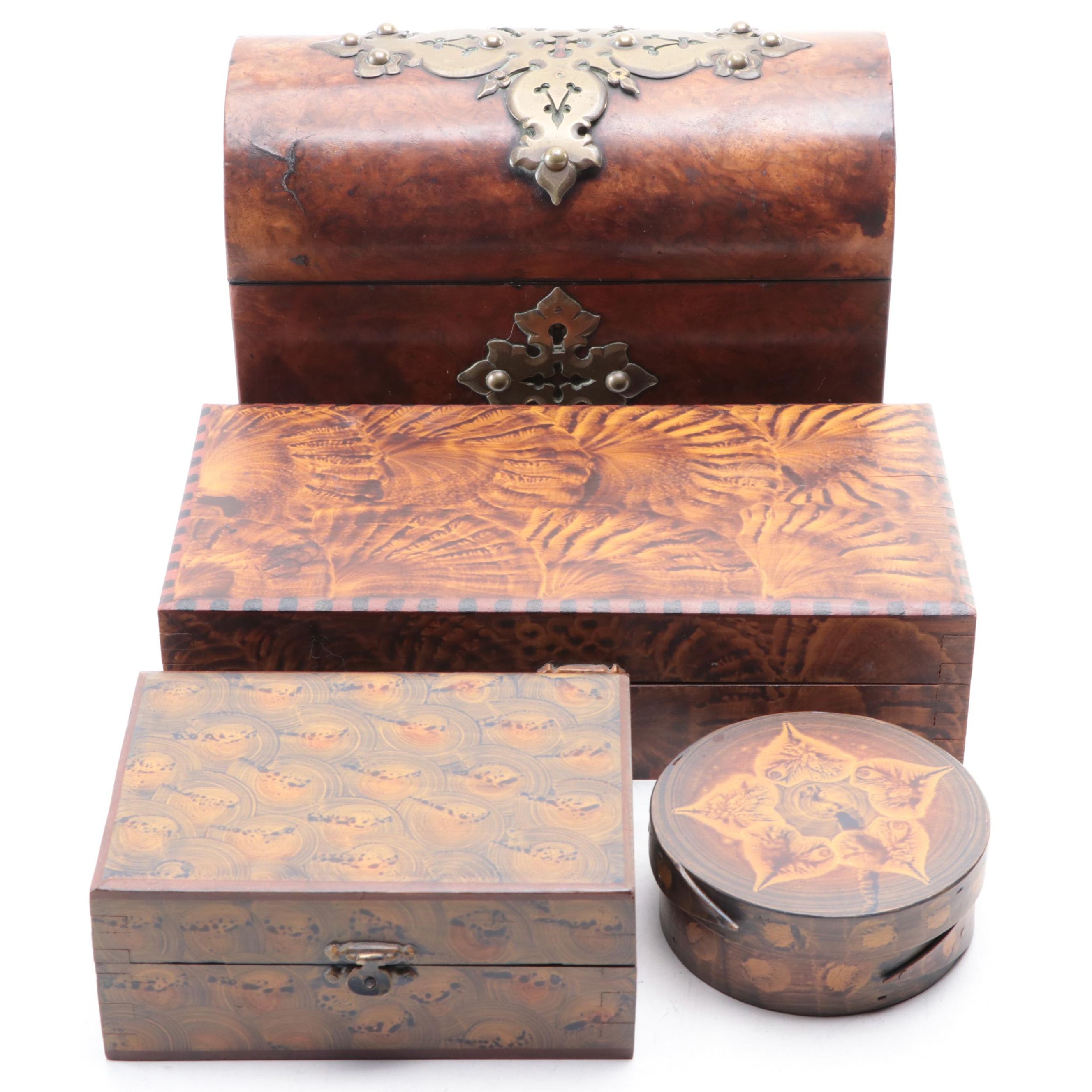 Fancy Wood Grained Boxes by C. F. Hopf with English Burl Letterbox