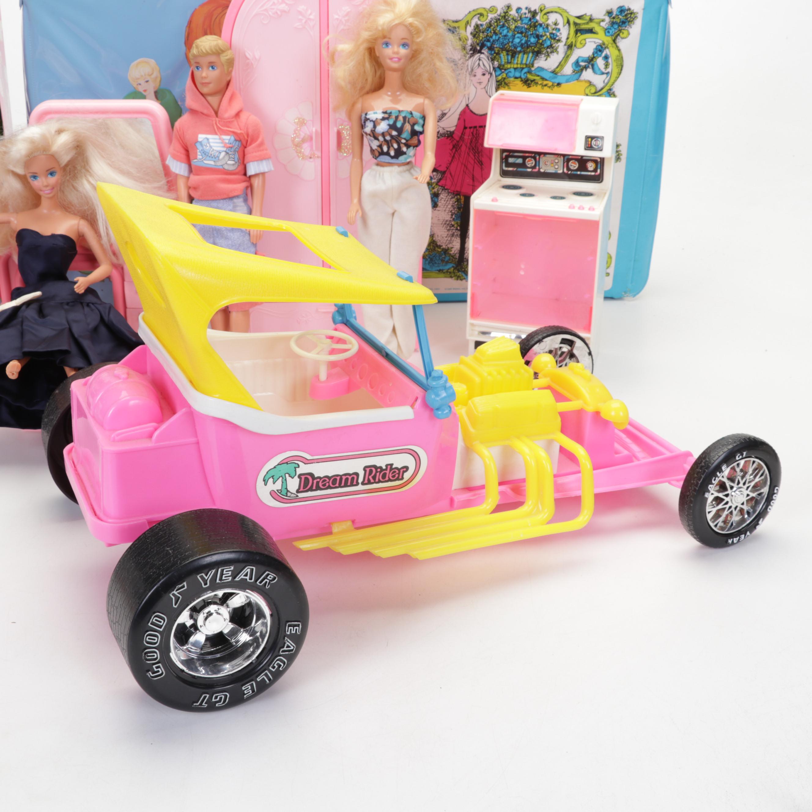 Mattel Barbie Dolls, Clothing, Cases, & Accessories with 1980's Trans-Am