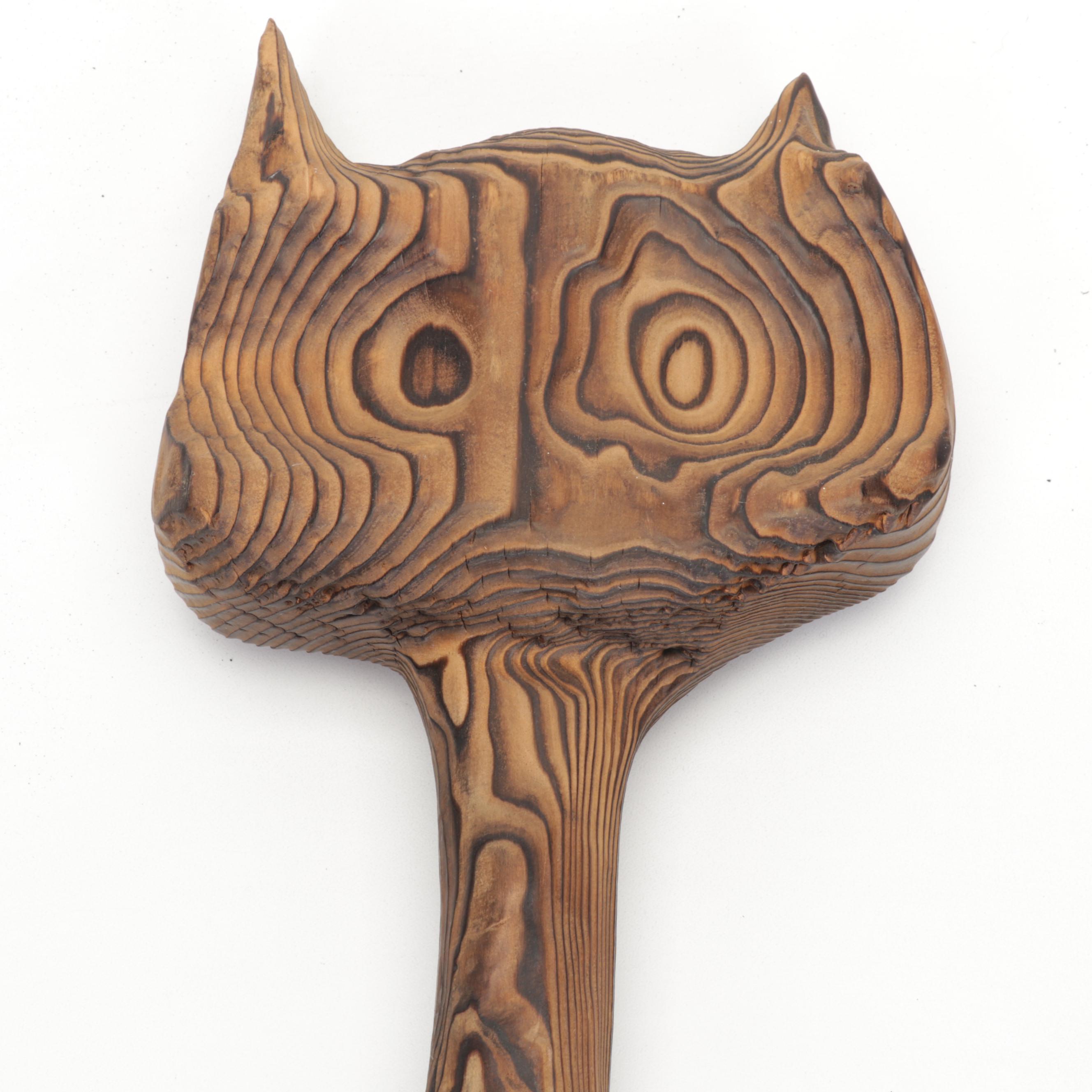 Carved Pine Folk Art Cat Sculpture