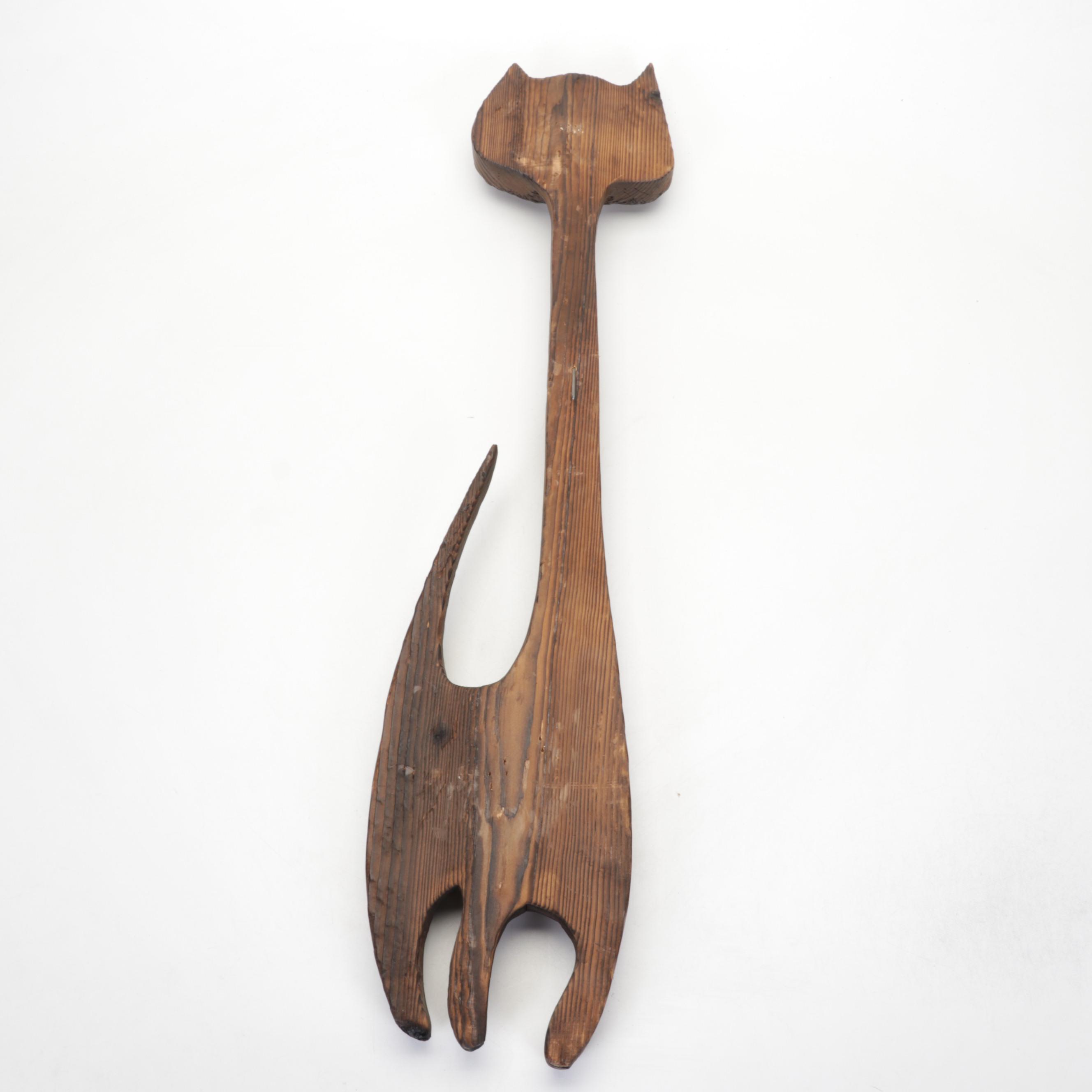 Carved Pine Folk Art Cat Sculpture