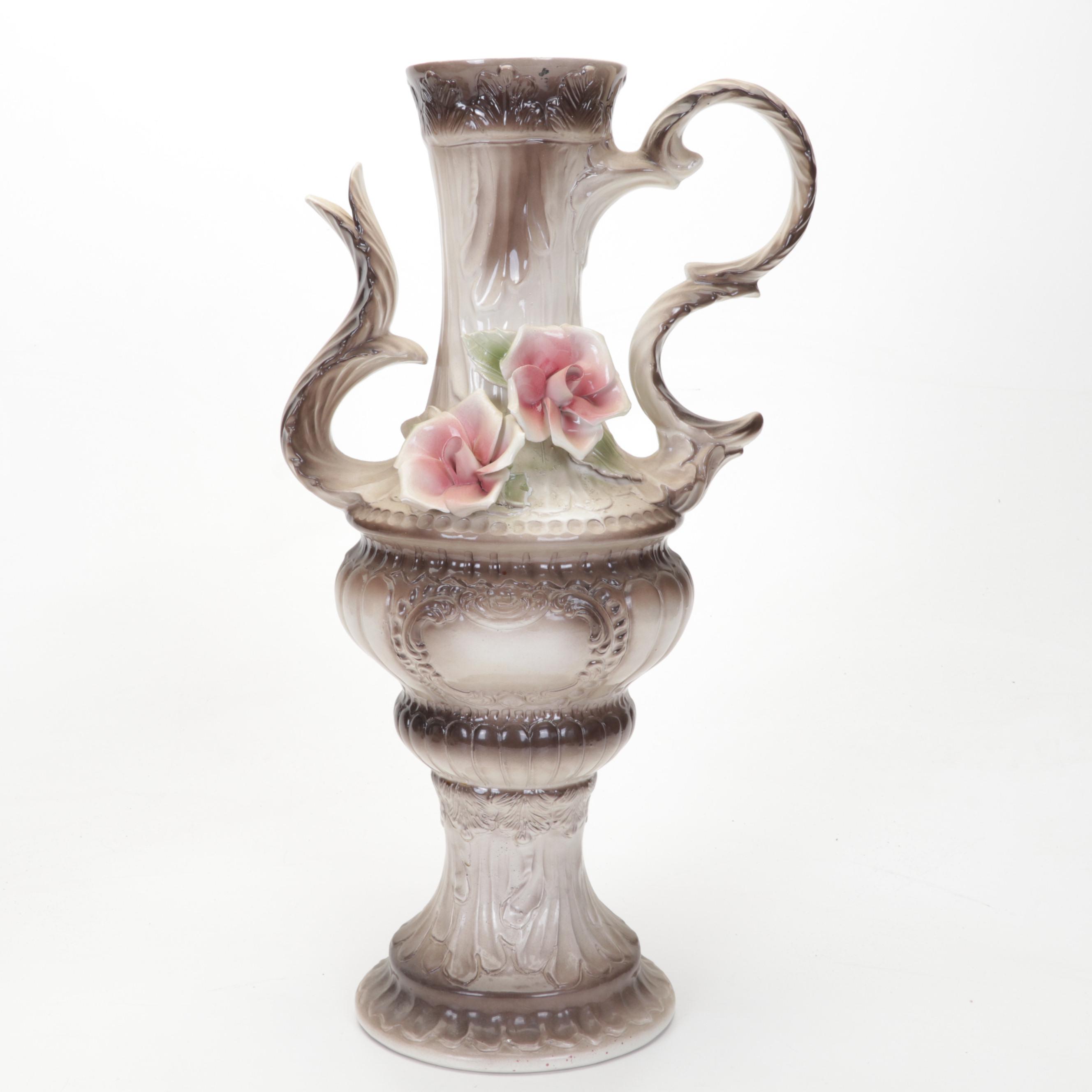 Italian Capodimonte Ceramic Rose Vases and Urn Water Pitcher