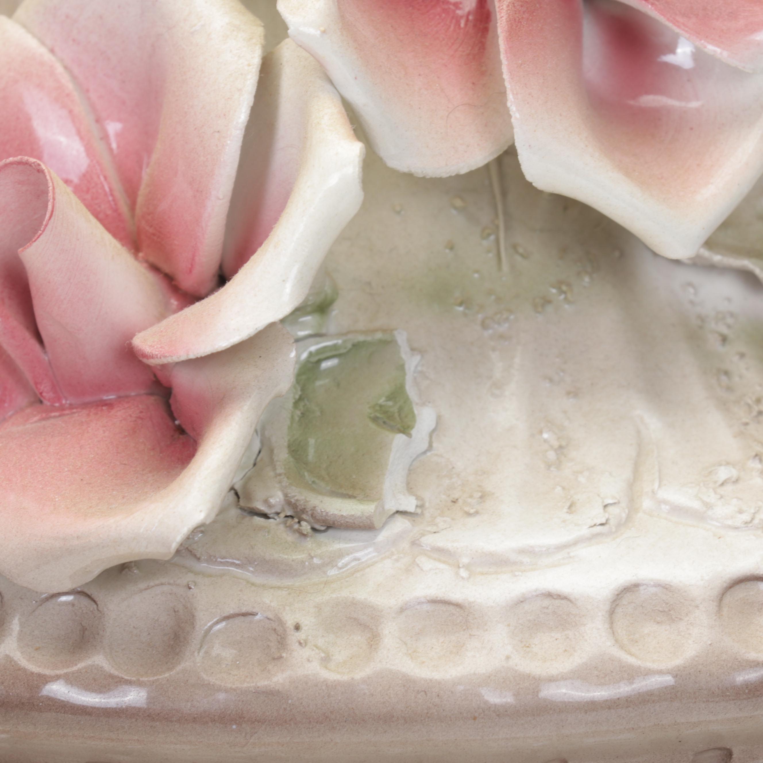 Italian Capodimonte Ceramic Rose Vases and Urn Water Pitcher