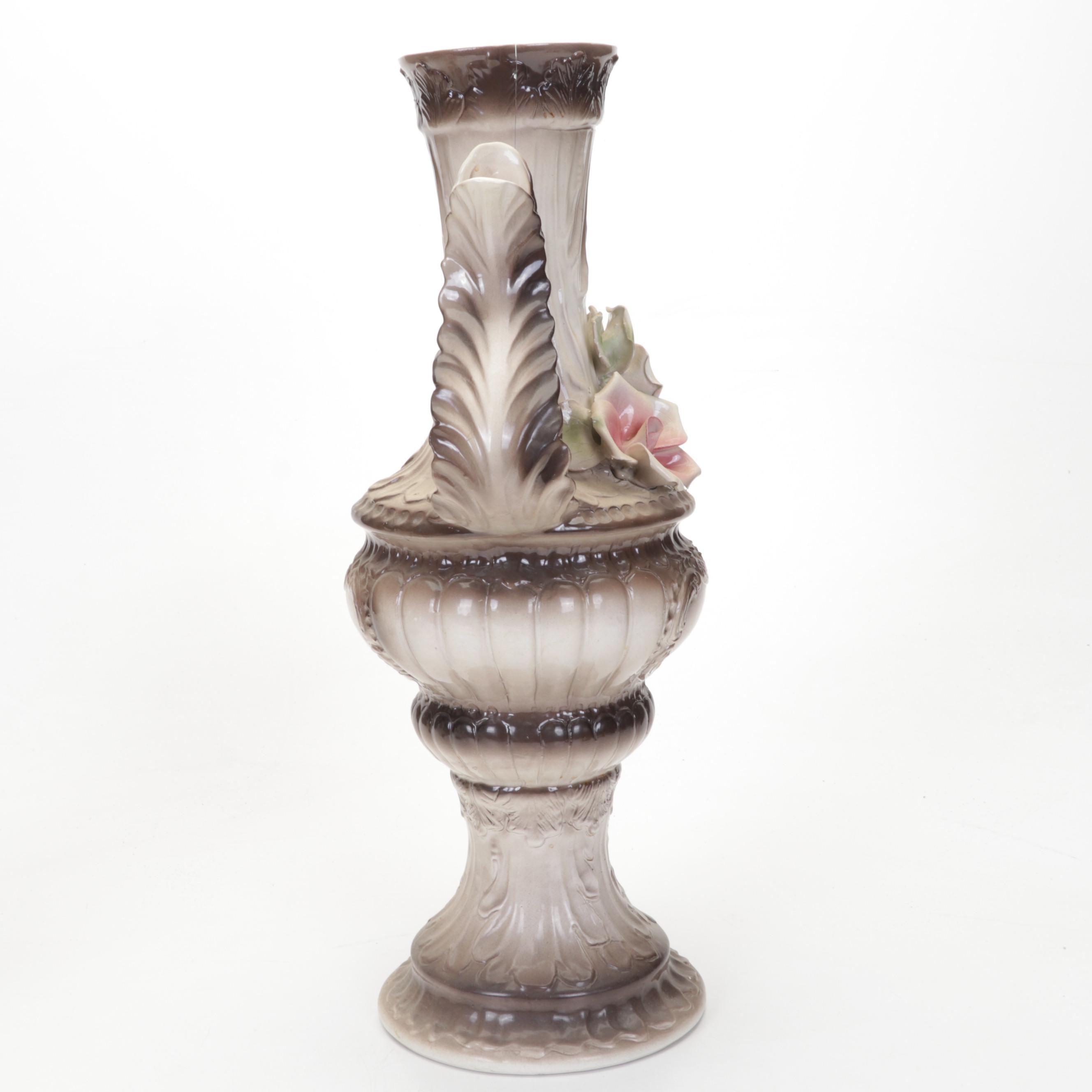 Italian Capodimonte Ceramic Rose Vases and Urn Water Pitcher
