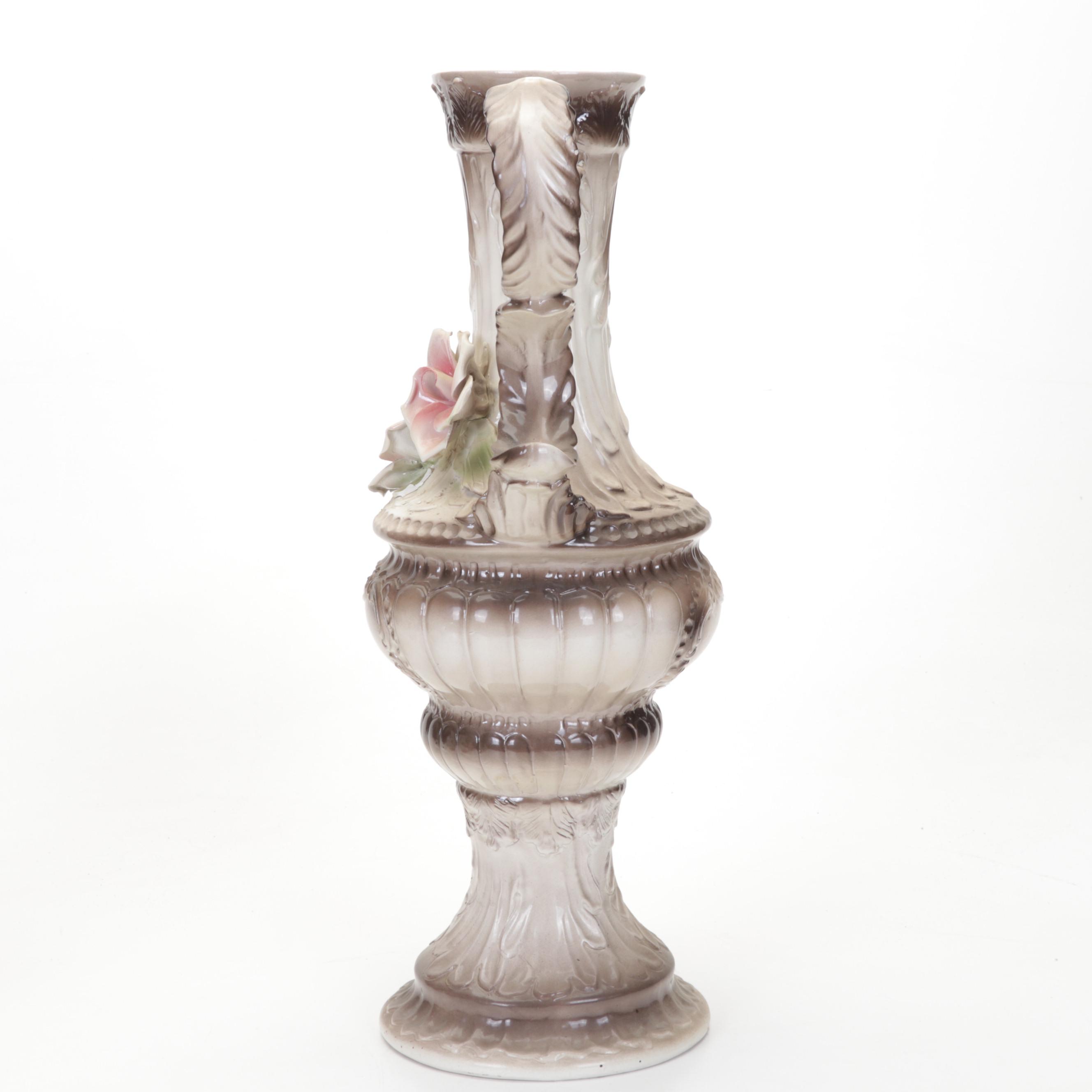 Italian Capodimonte Ceramic Rose Vases and Urn Water Pitcher