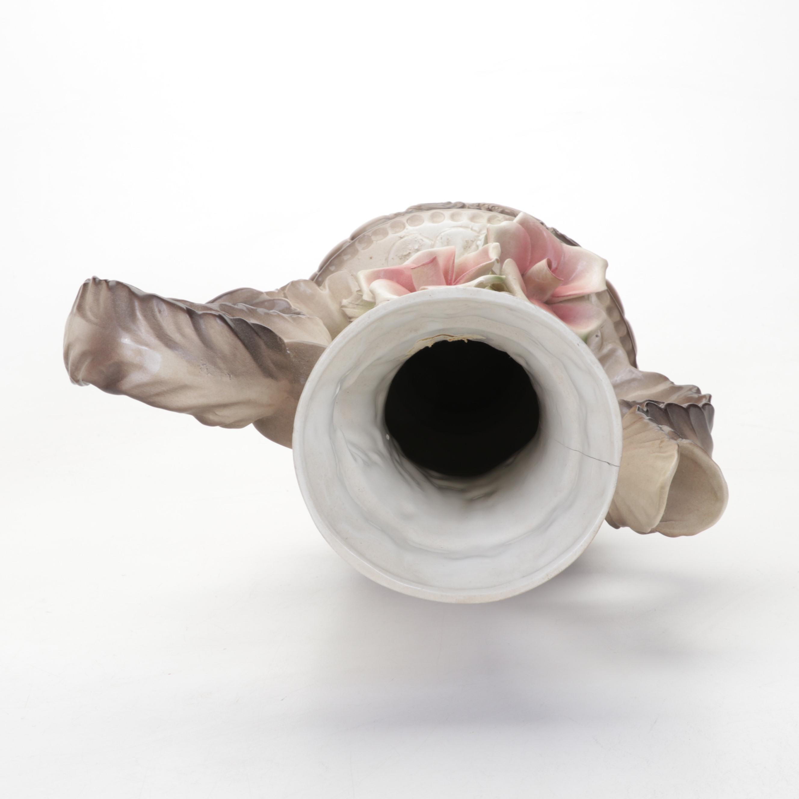 Italian Capodimonte Ceramic Rose Vases and Urn Water Pitcher