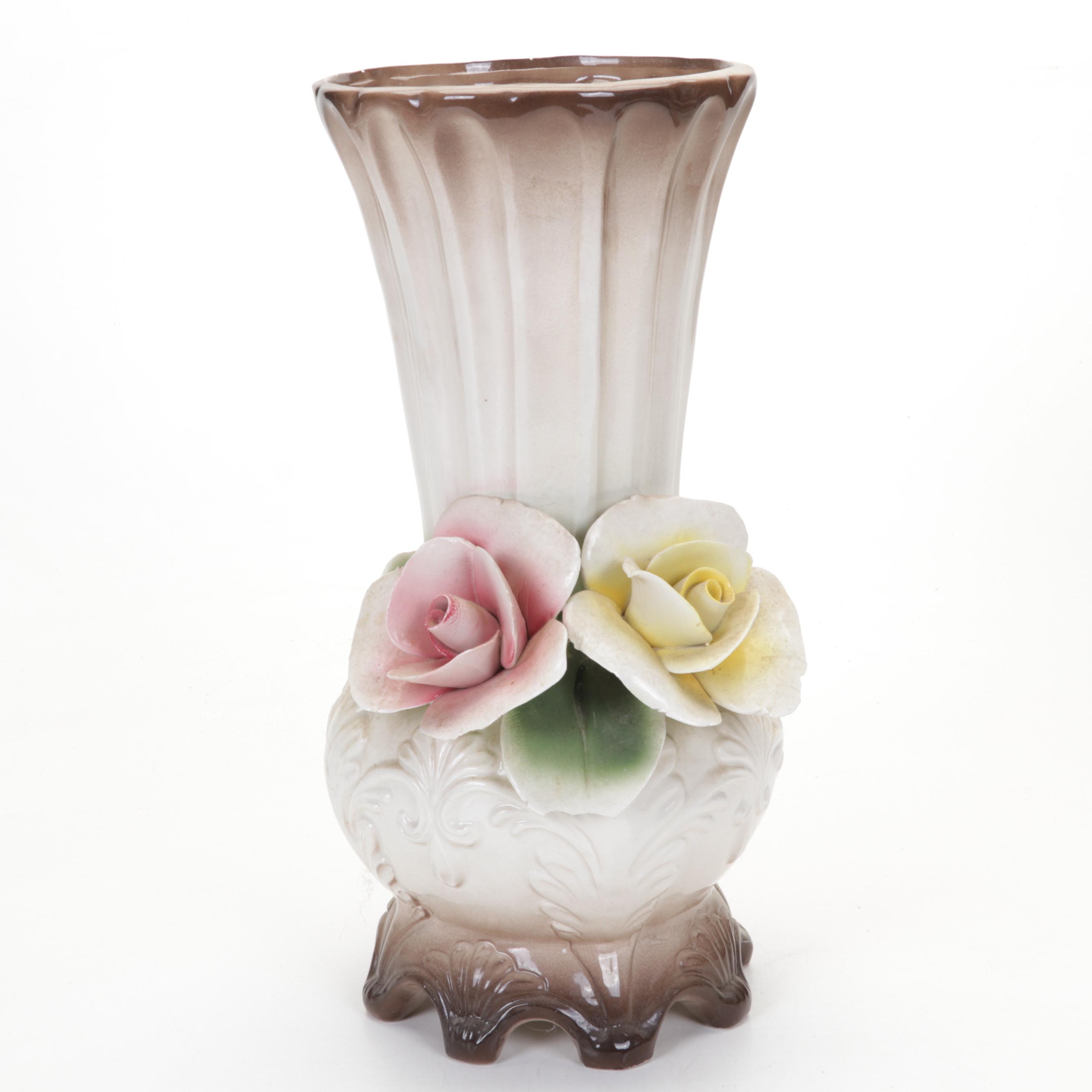 Italian Capodimonte Ceramic Rose Vases and Urn Water Pitcher