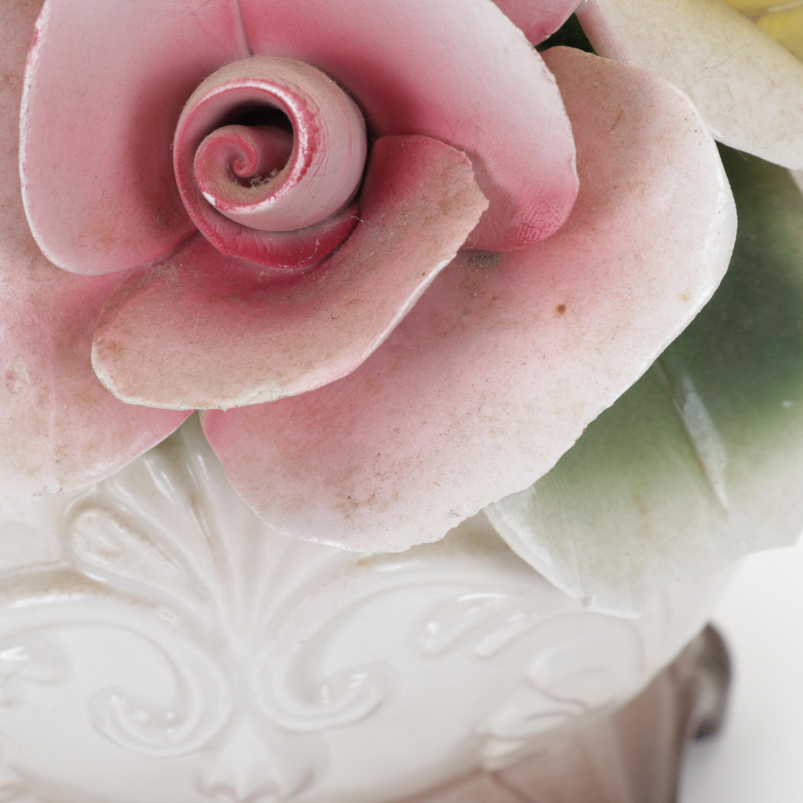 Italian Capodimonte Ceramic Rose Vases and Urn Water Pitcher