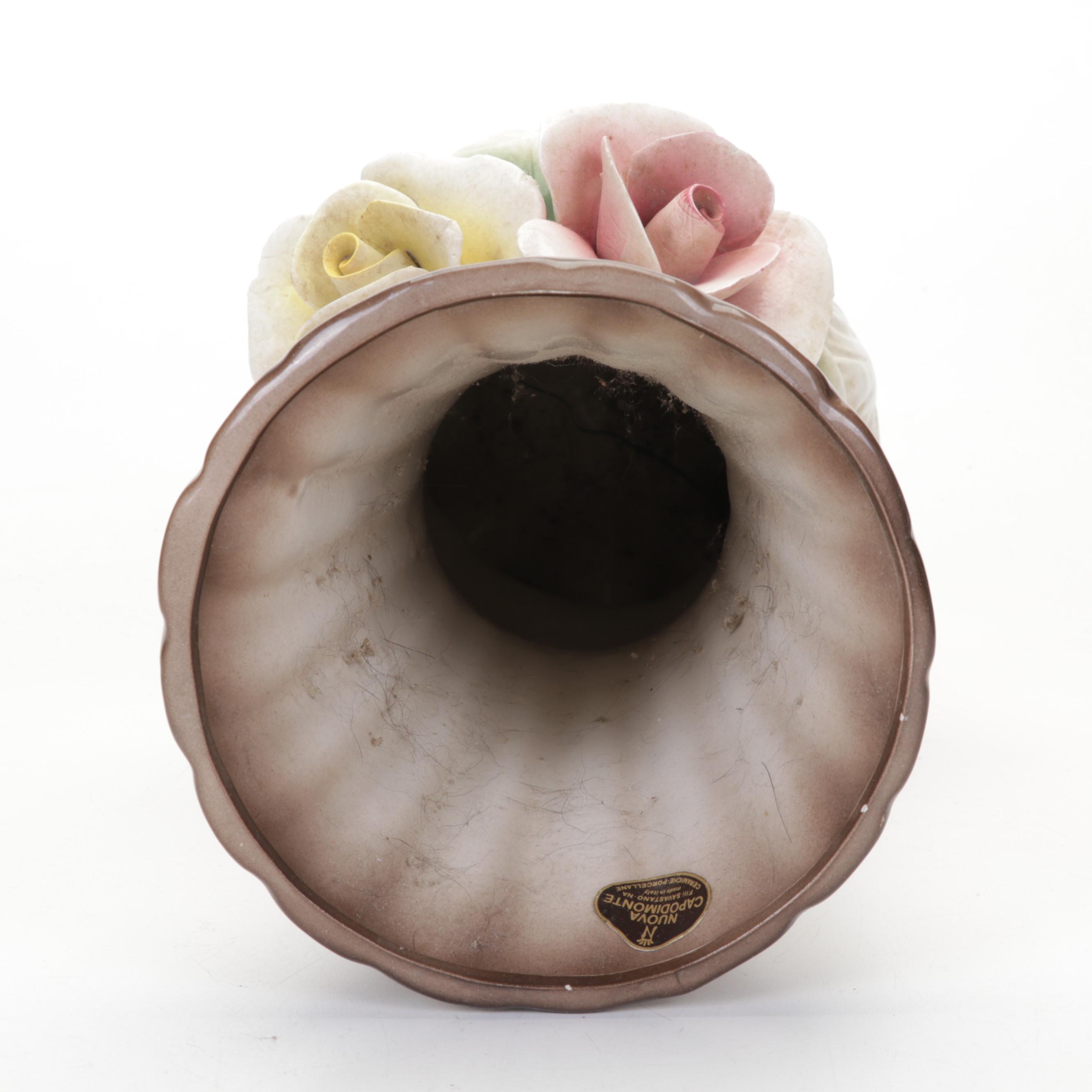 Italian Capodimonte Ceramic Rose Vases and Urn Water Pitcher