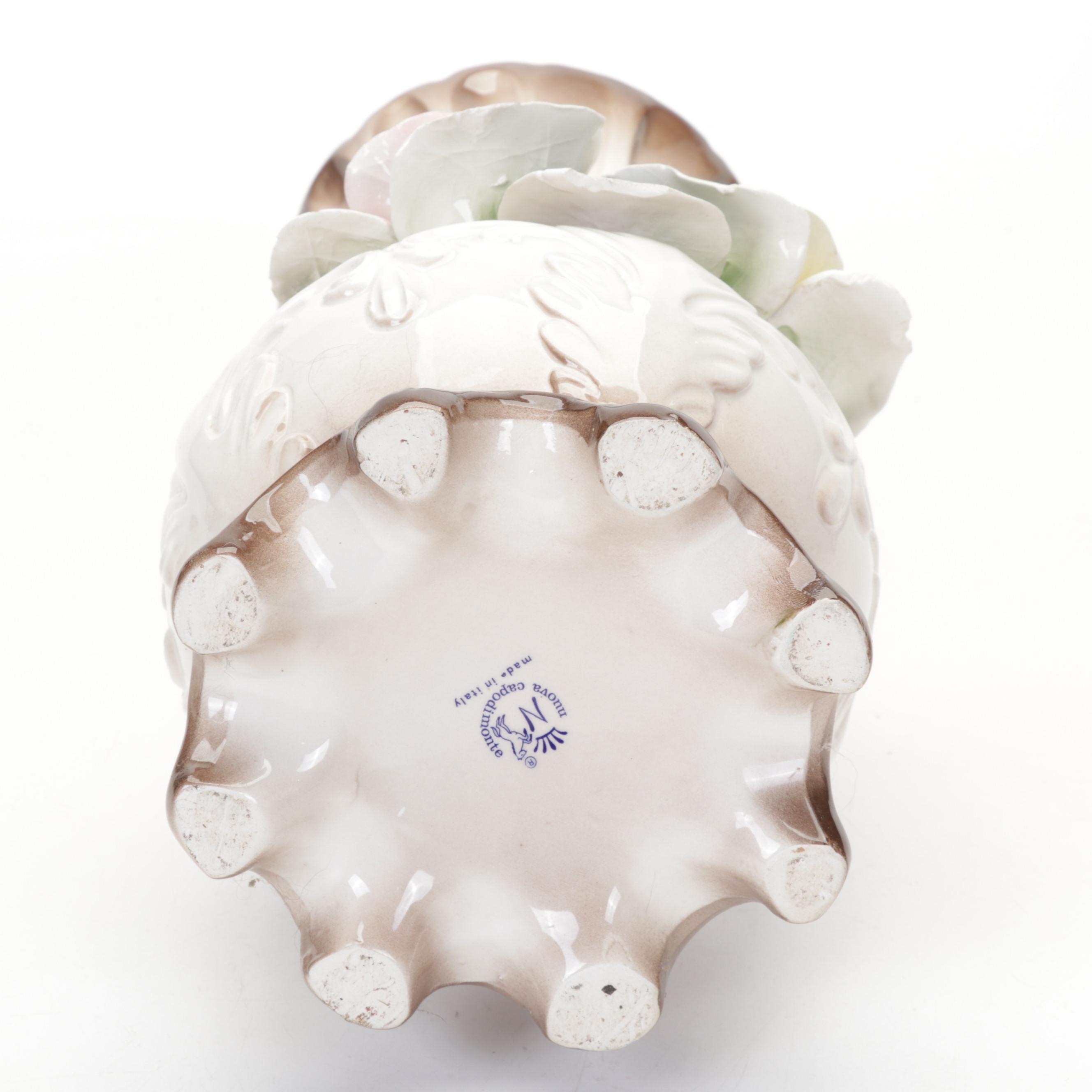 Italian Capodimonte Ceramic Rose Vases and Urn Water Pitcher