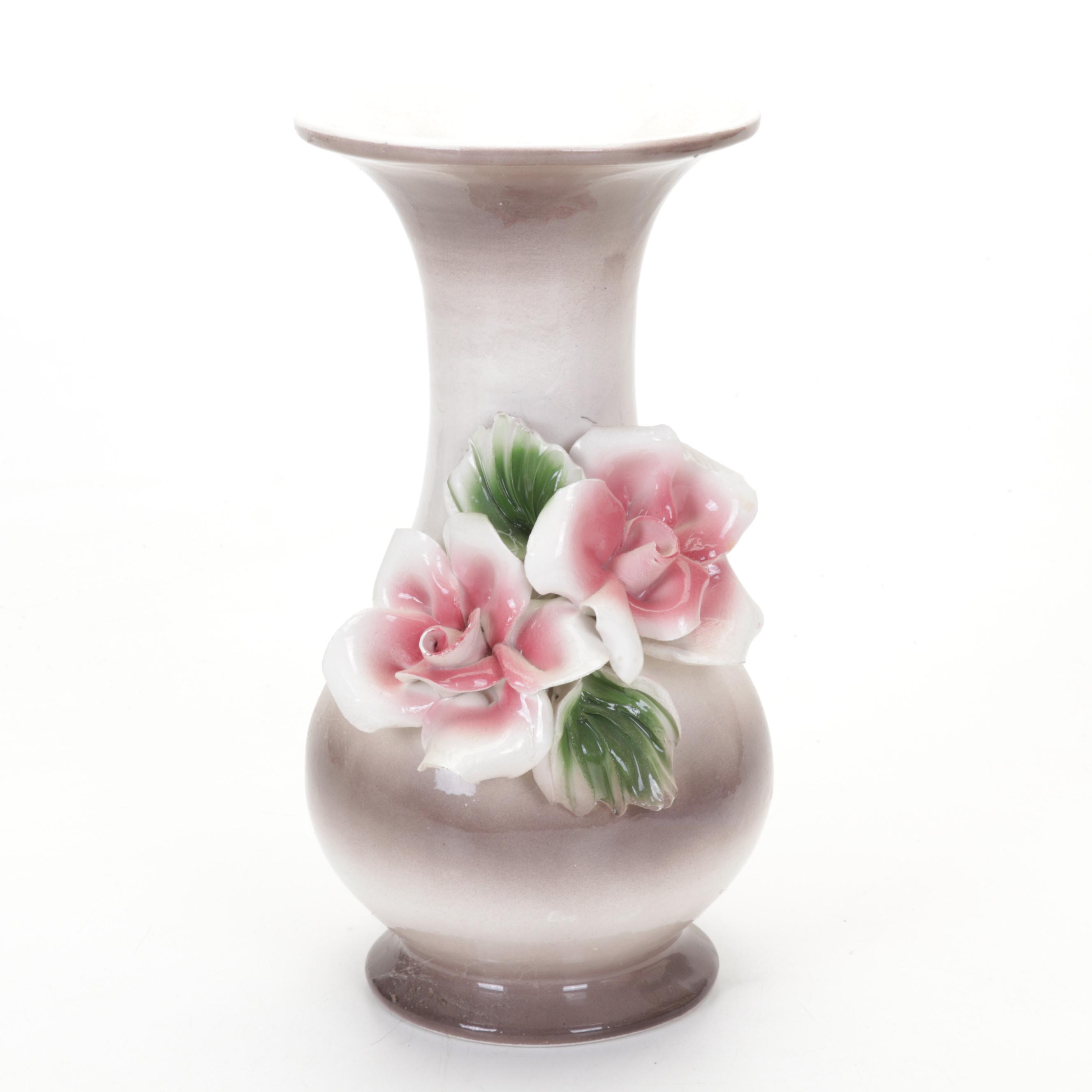 Italian Capodimonte Ceramic Rose Vases and Urn Water Pitcher