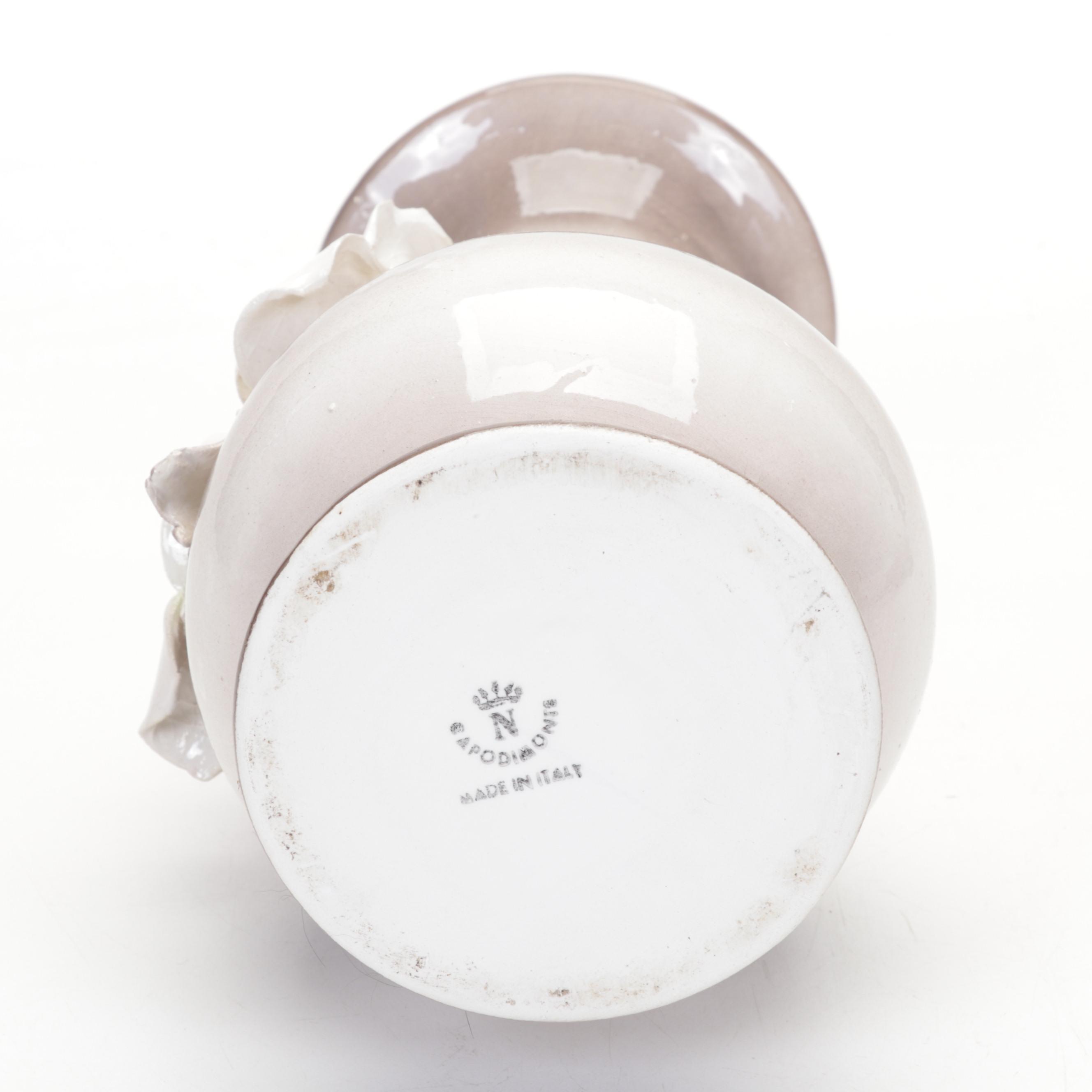 Italian Capodimonte Ceramic Rose Vases and Urn Water Pitcher