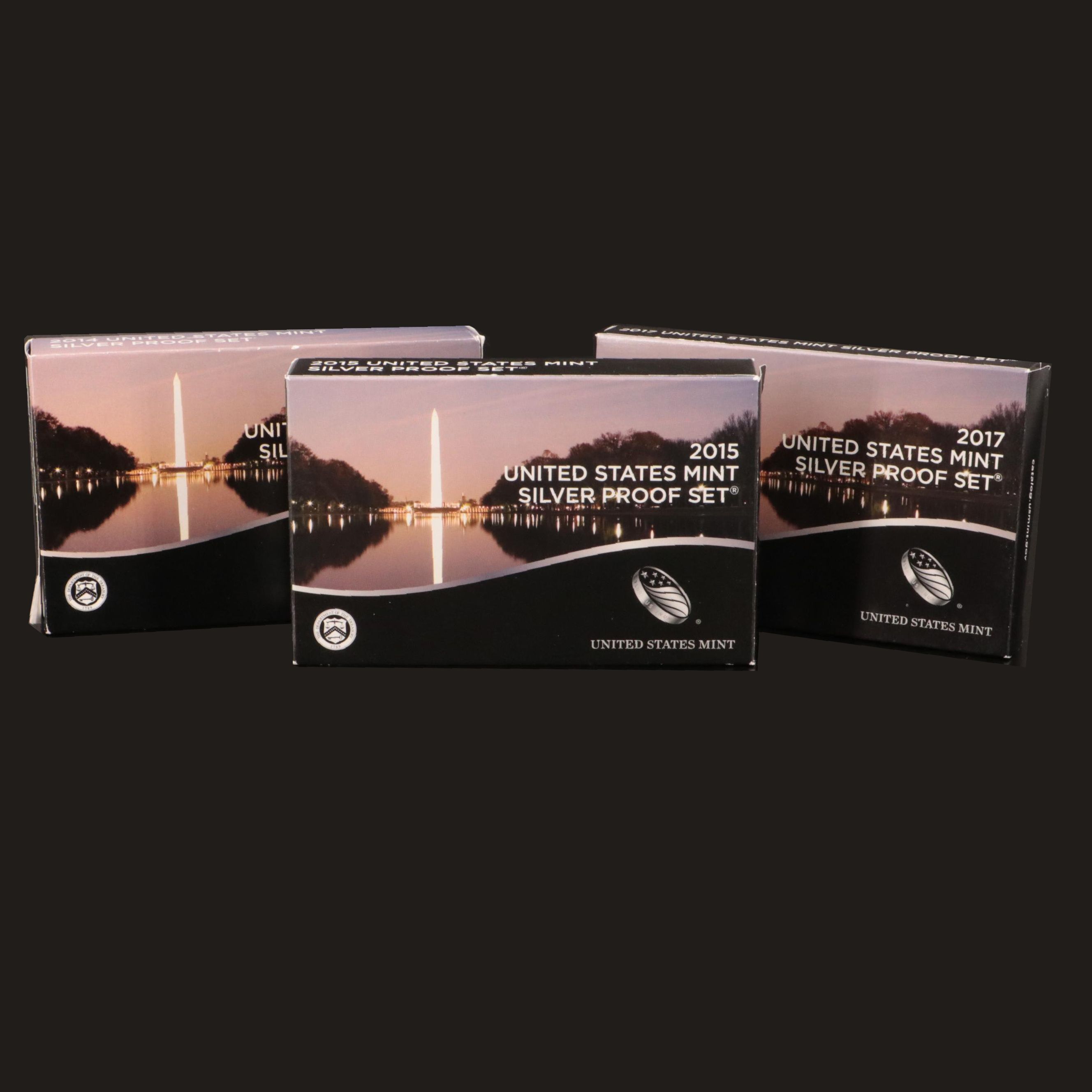 Three U.S. Mint Silver Proof Sets 2014, 2015, 2017