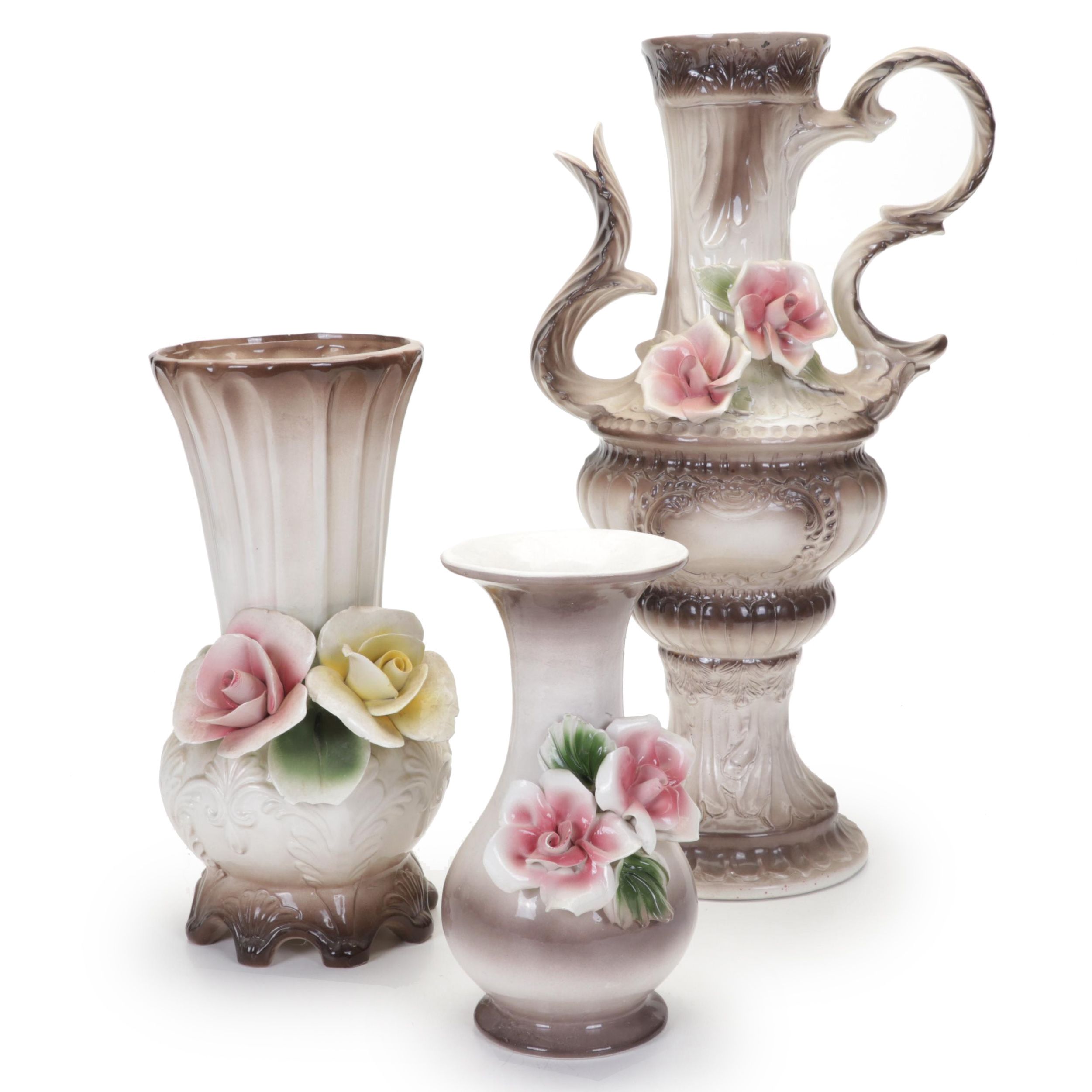 Italian Capodimonte Ceramic Rose Vases and Urn Water Pitcher