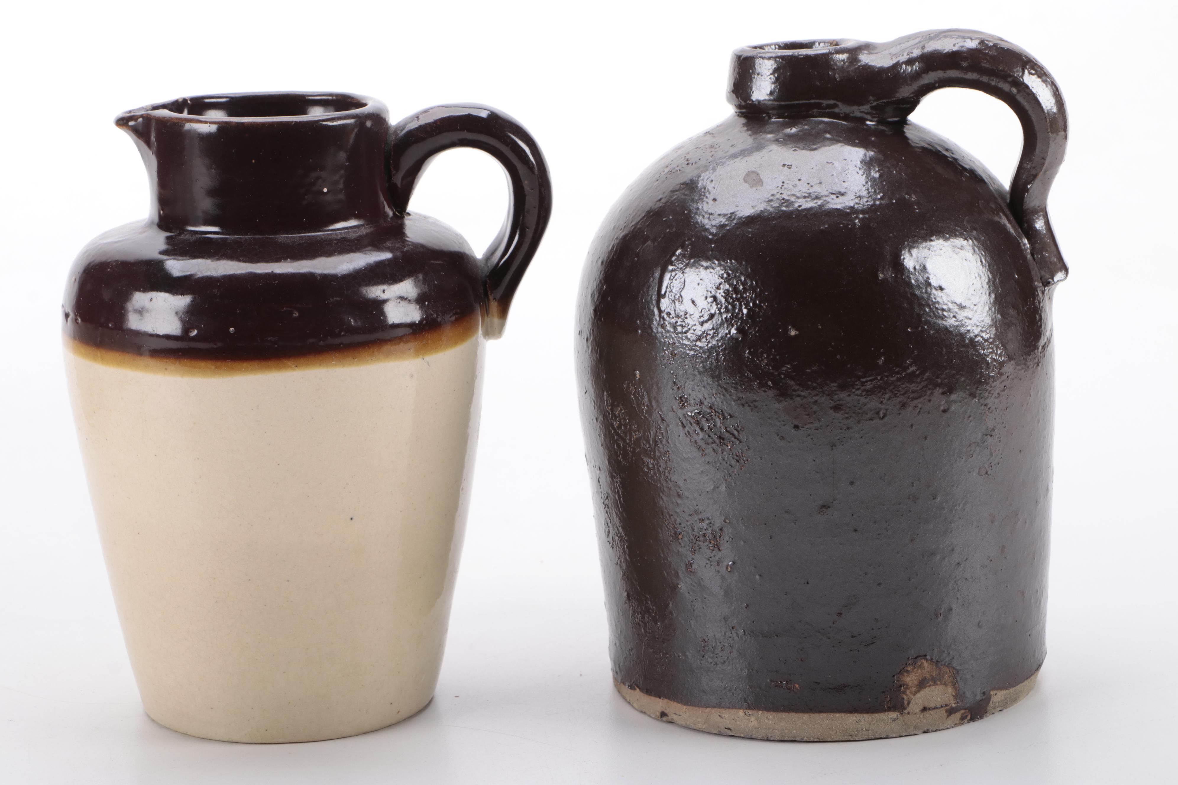Two Tone Stoneware Crocks and Pitcher with Brown Glazed Jug