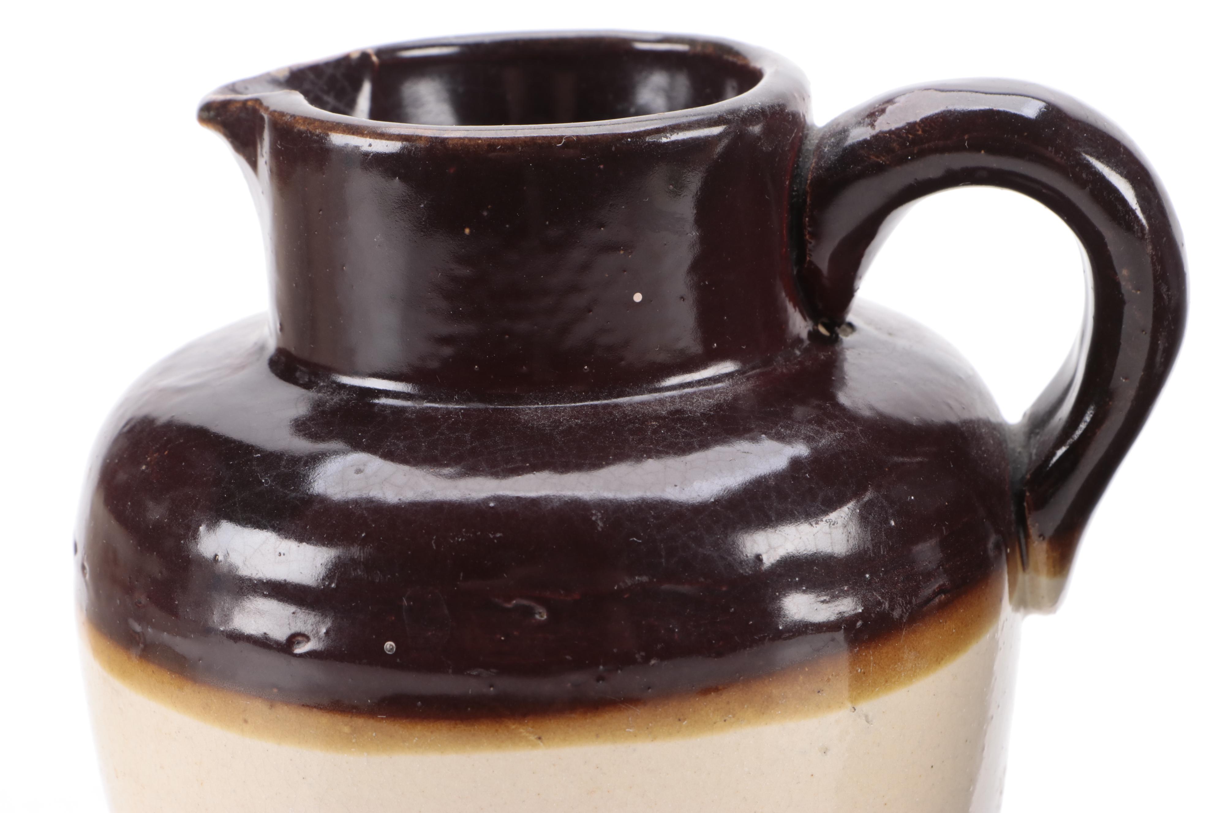 Two Tone Stoneware Crocks and Pitcher with Brown Glazed Jug