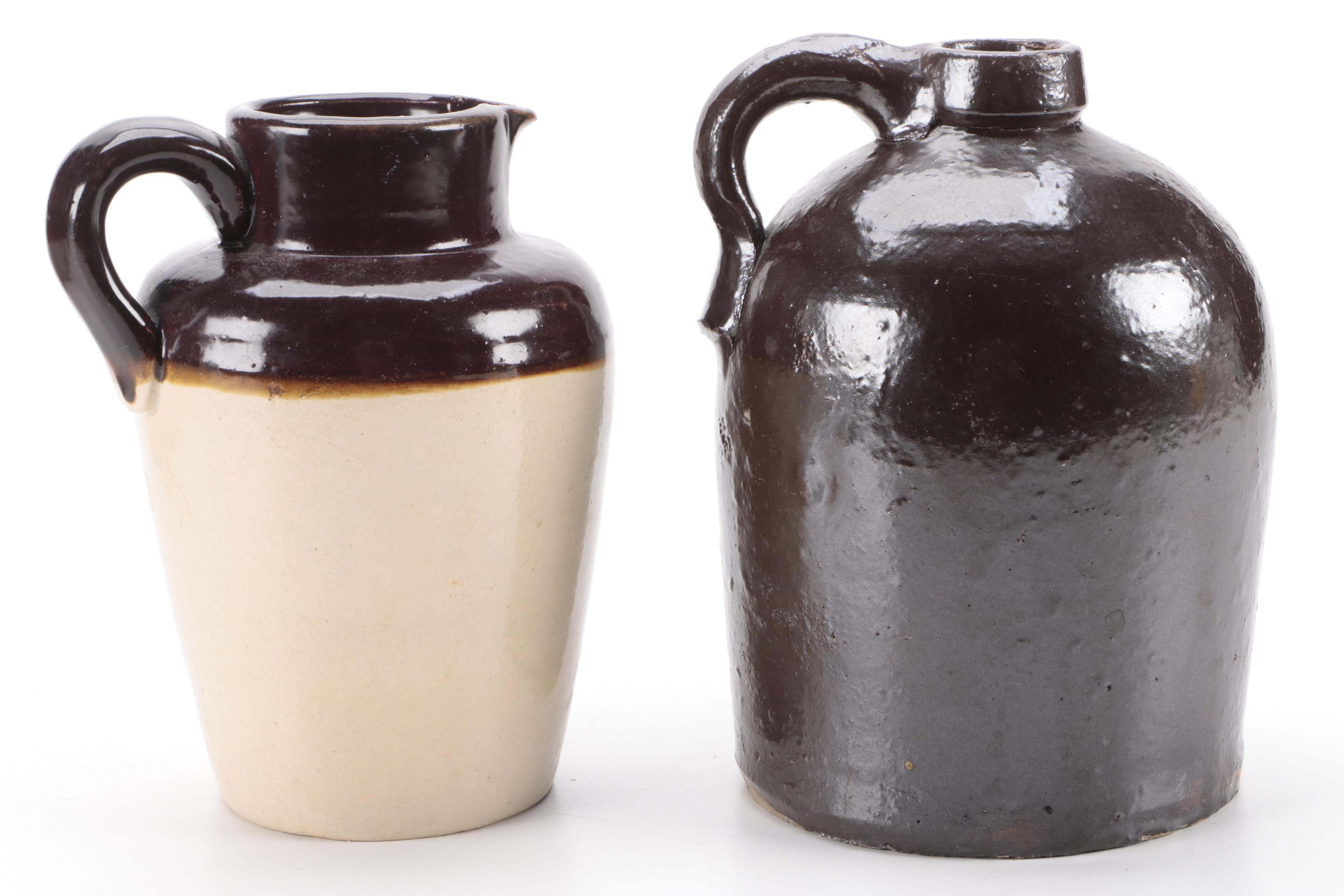 Two Tone Stoneware Crocks and Pitcher with Brown Glazed Jug