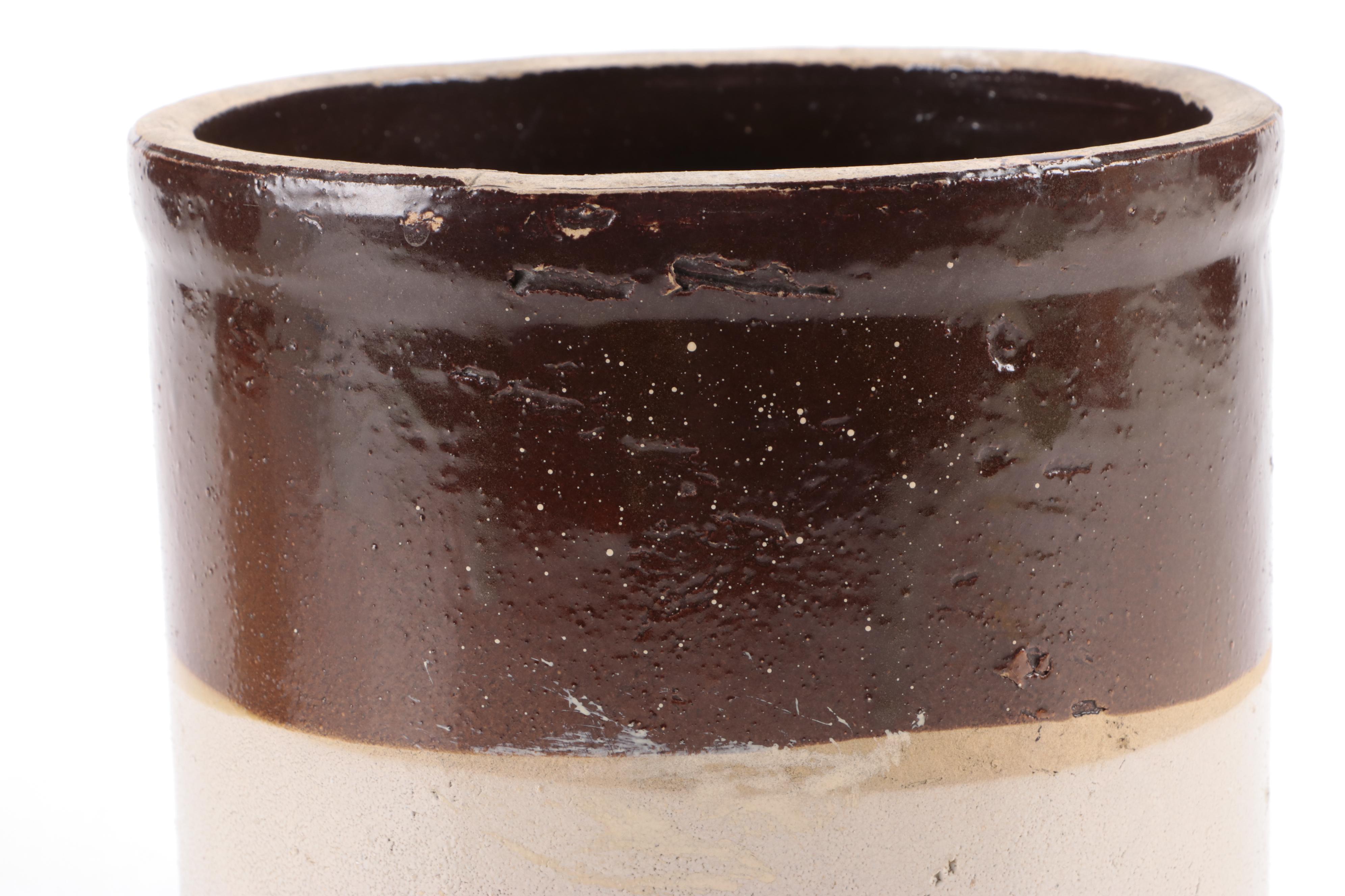 Two Tone Stoneware Crocks and Pitcher with Brown Glazed Jug