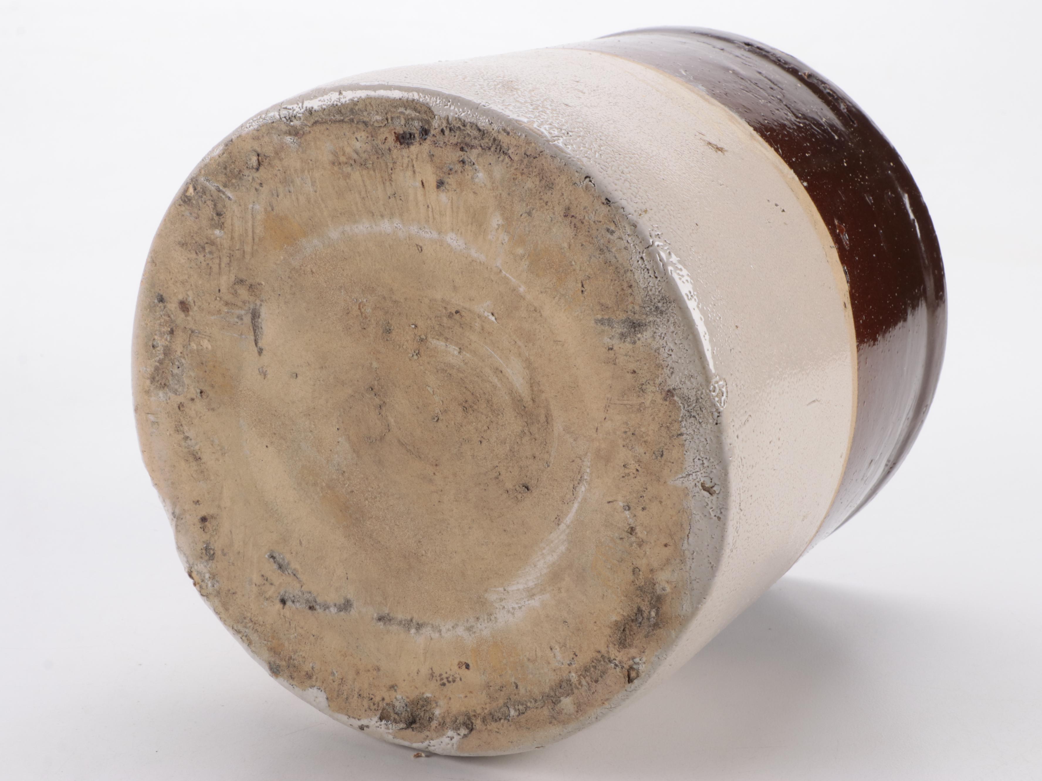 Two Tone Stoneware Crocks and Pitcher with Brown Glazed Jug