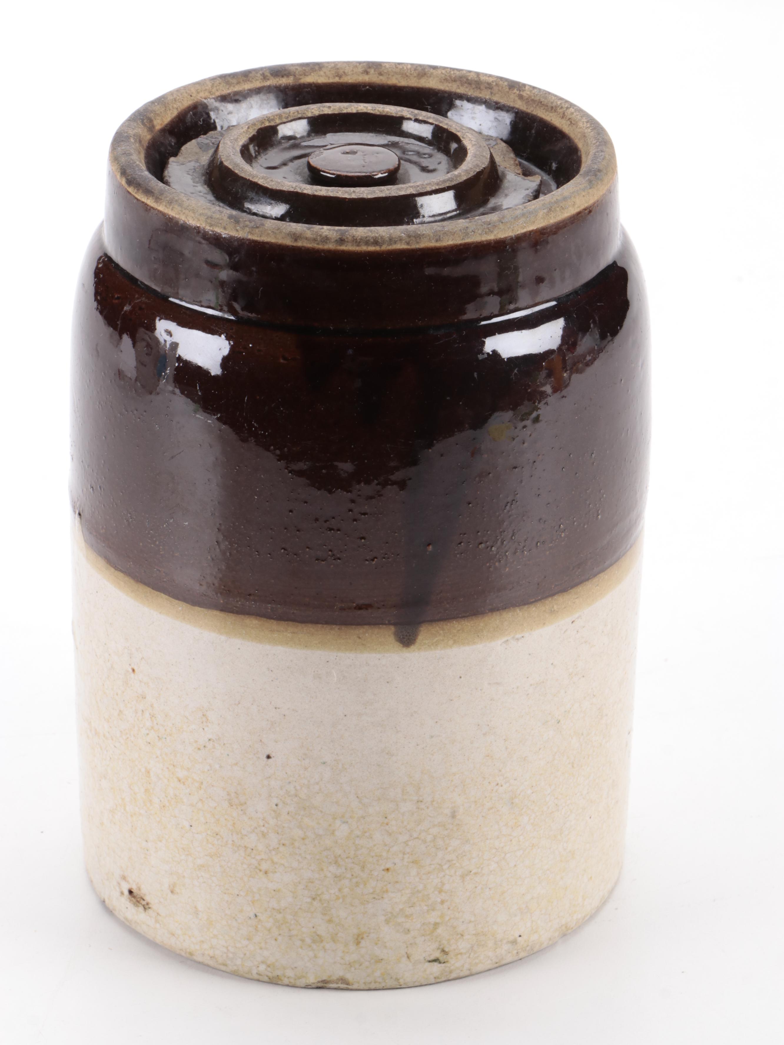 Two Tone Stoneware Crocks and Pitcher with Brown Glazed Jug