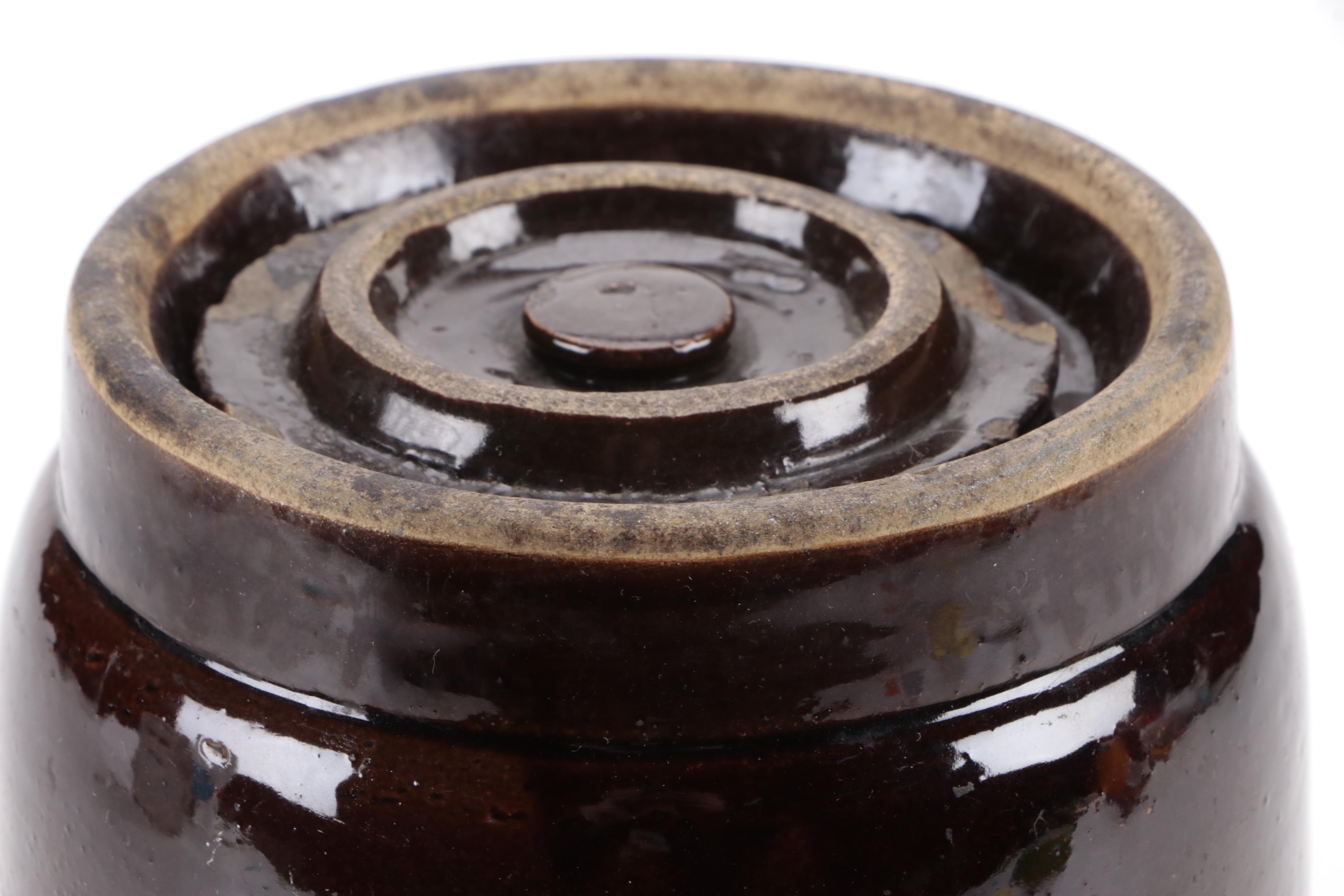 Two Tone Stoneware Crocks and Pitcher with Brown Glazed Jug