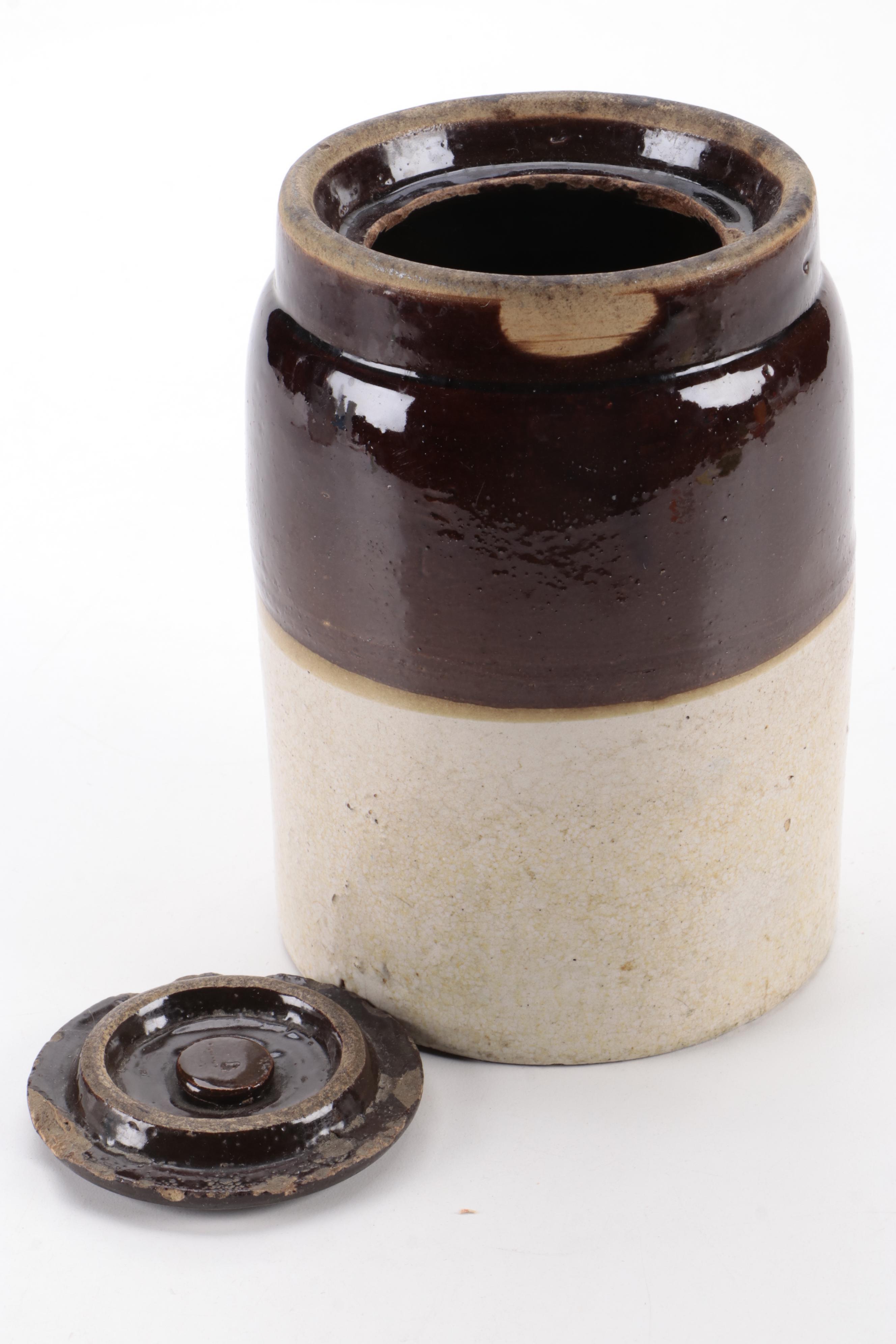 Two Tone Stoneware Crocks and Pitcher with Brown Glazed Jug