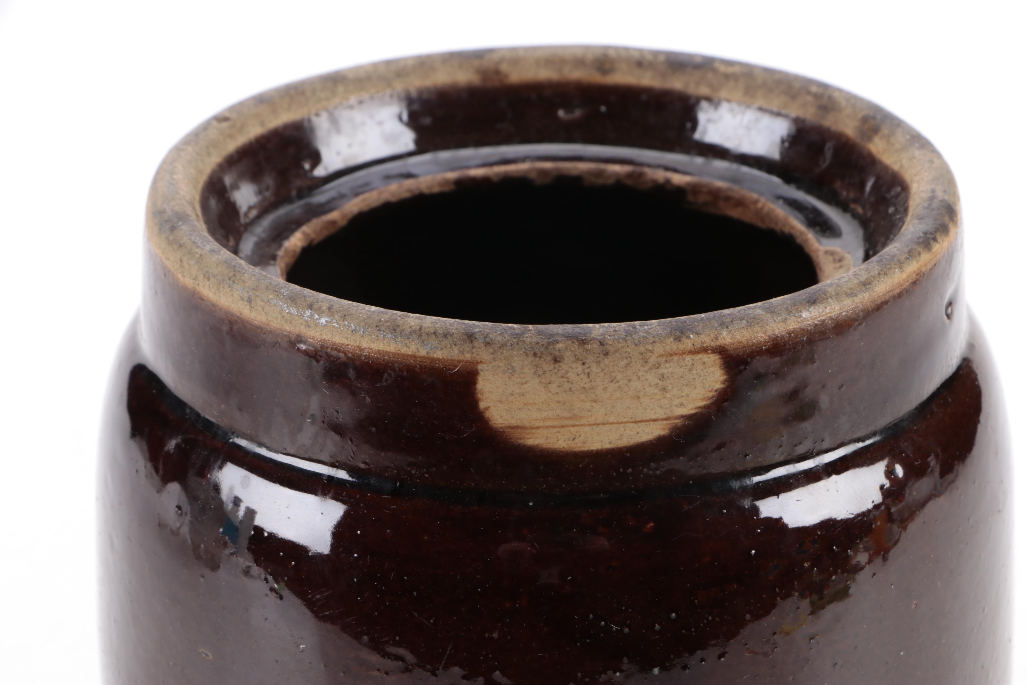 Two Tone Stoneware Crocks and Pitcher with Brown Glazed Jug