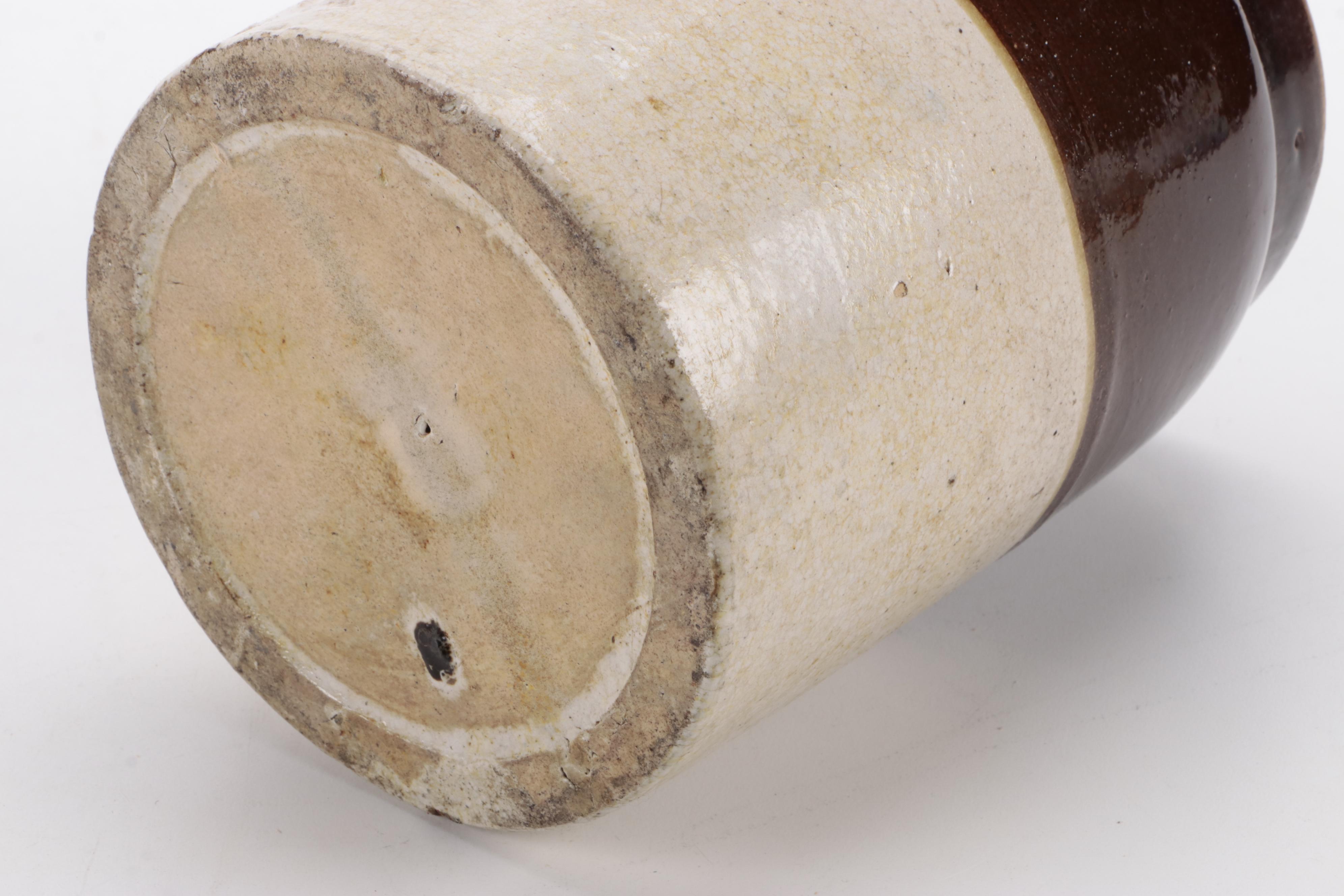 Two Tone Stoneware Crocks and Pitcher with Brown Glazed Jug