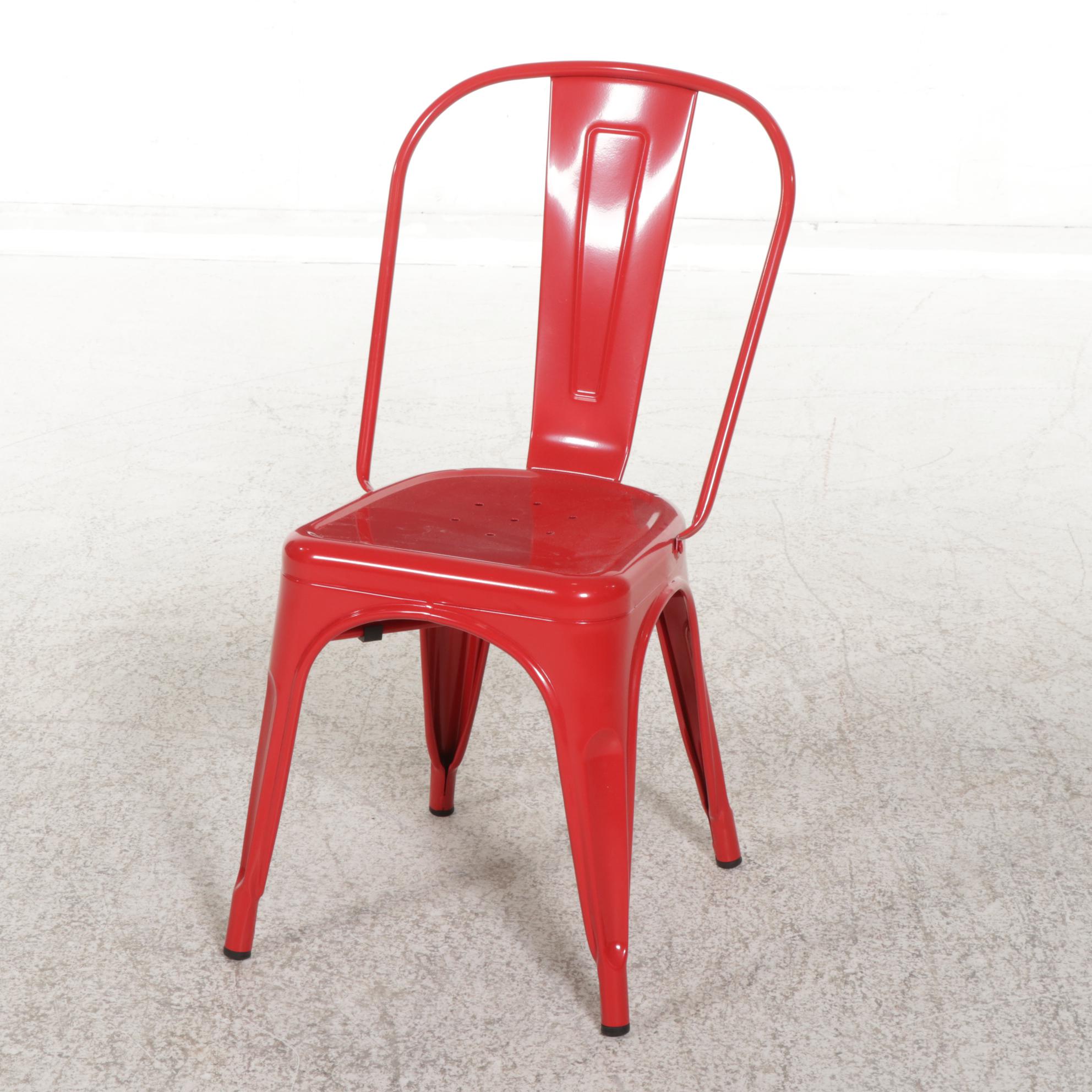 Contemporary Powder-Coated Silver Metal Bistro Table and Four Red Chairs