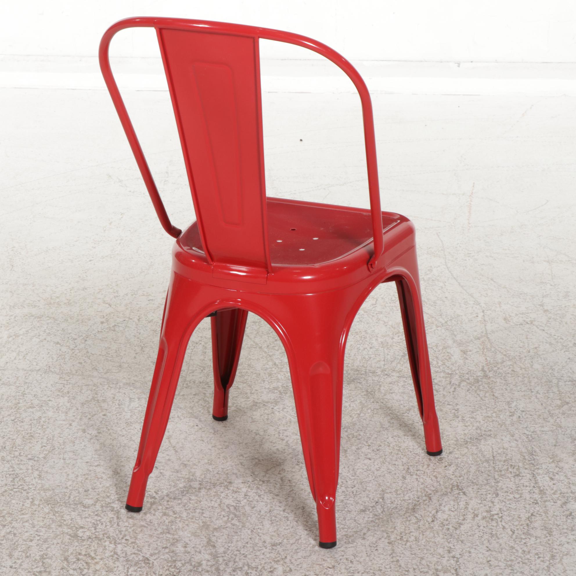 Contemporary Powder-Coated Silver Metal Bistro Table and Four Red Chairs