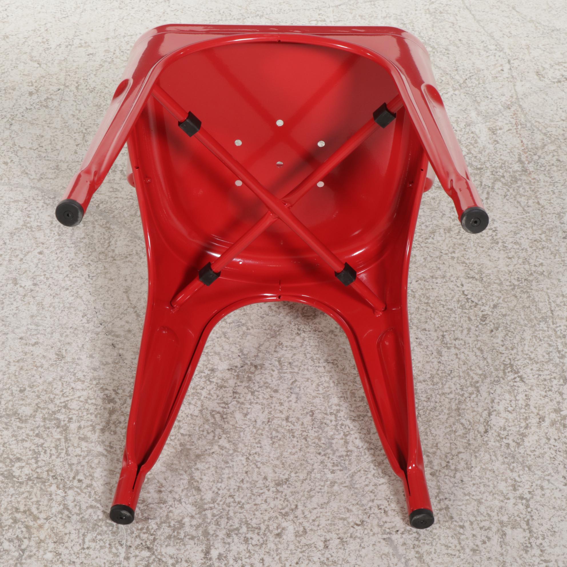 Contemporary Powder-Coated Silver Metal Bistro Table and Four Red Chairs