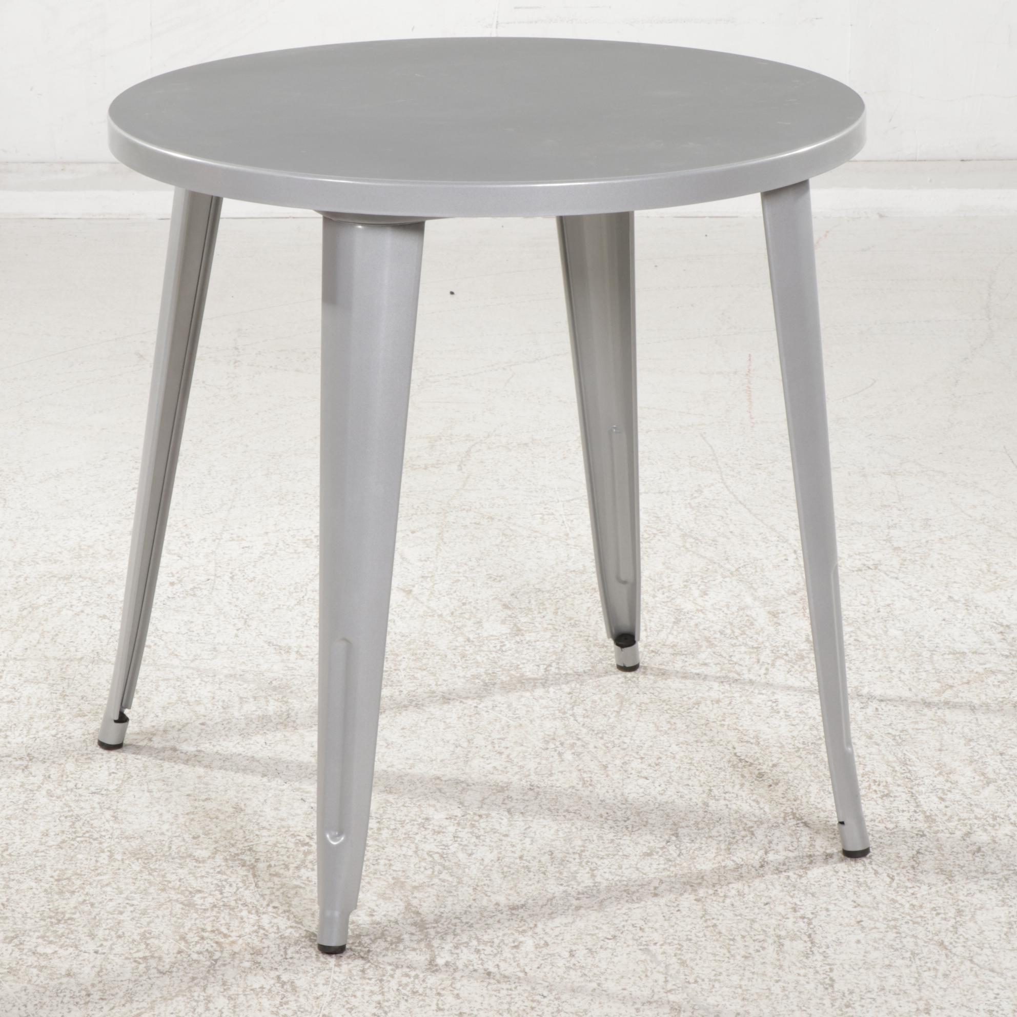 Contemporary Powder-Coated Silver Metal Bistro Table and Four Red Chairs