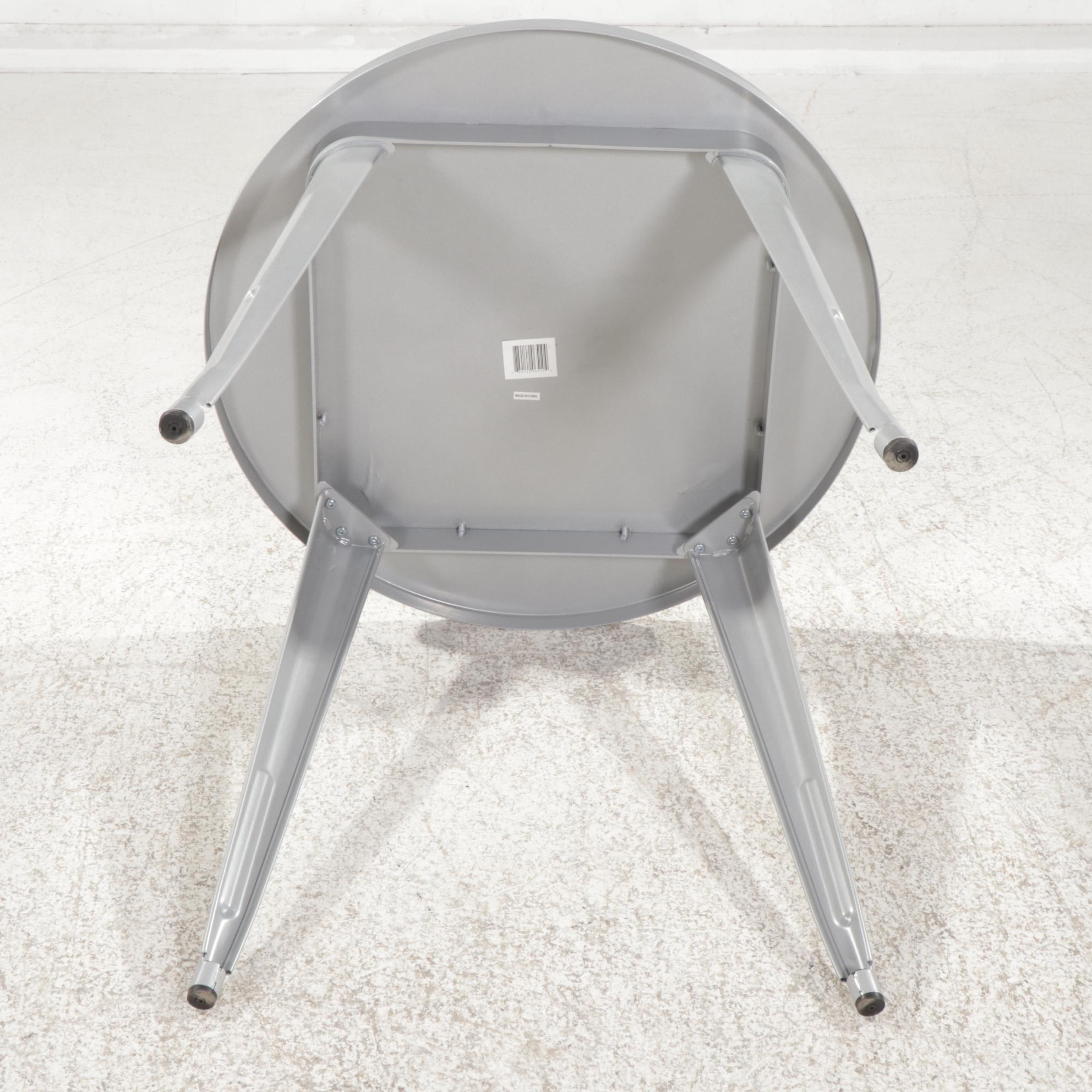 Contemporary Powder-Coated Silver Metal Bistro Table and Four Red Chairs