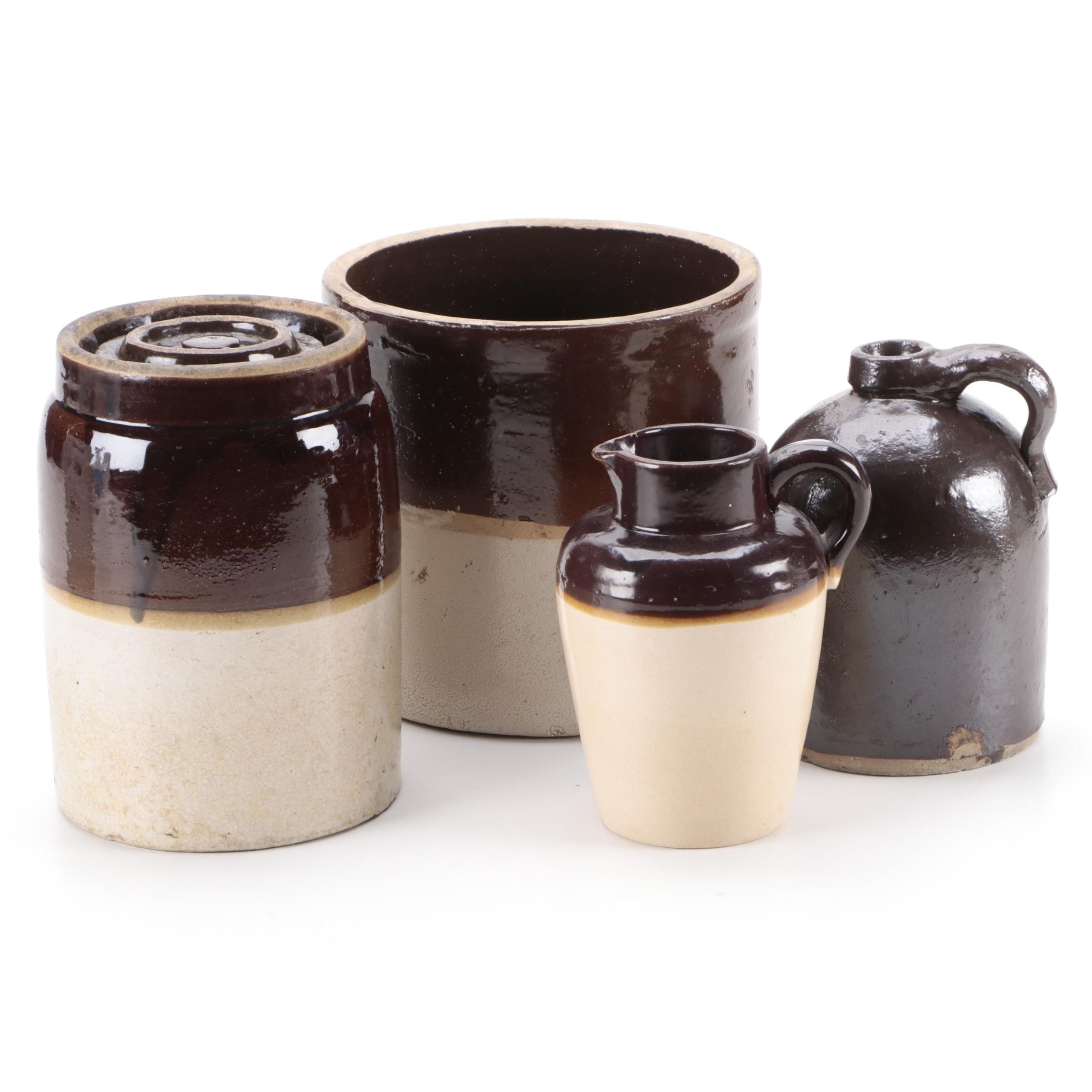 Two Tone Stoneware Crocks and Pitcher with Brown Glazed Jug