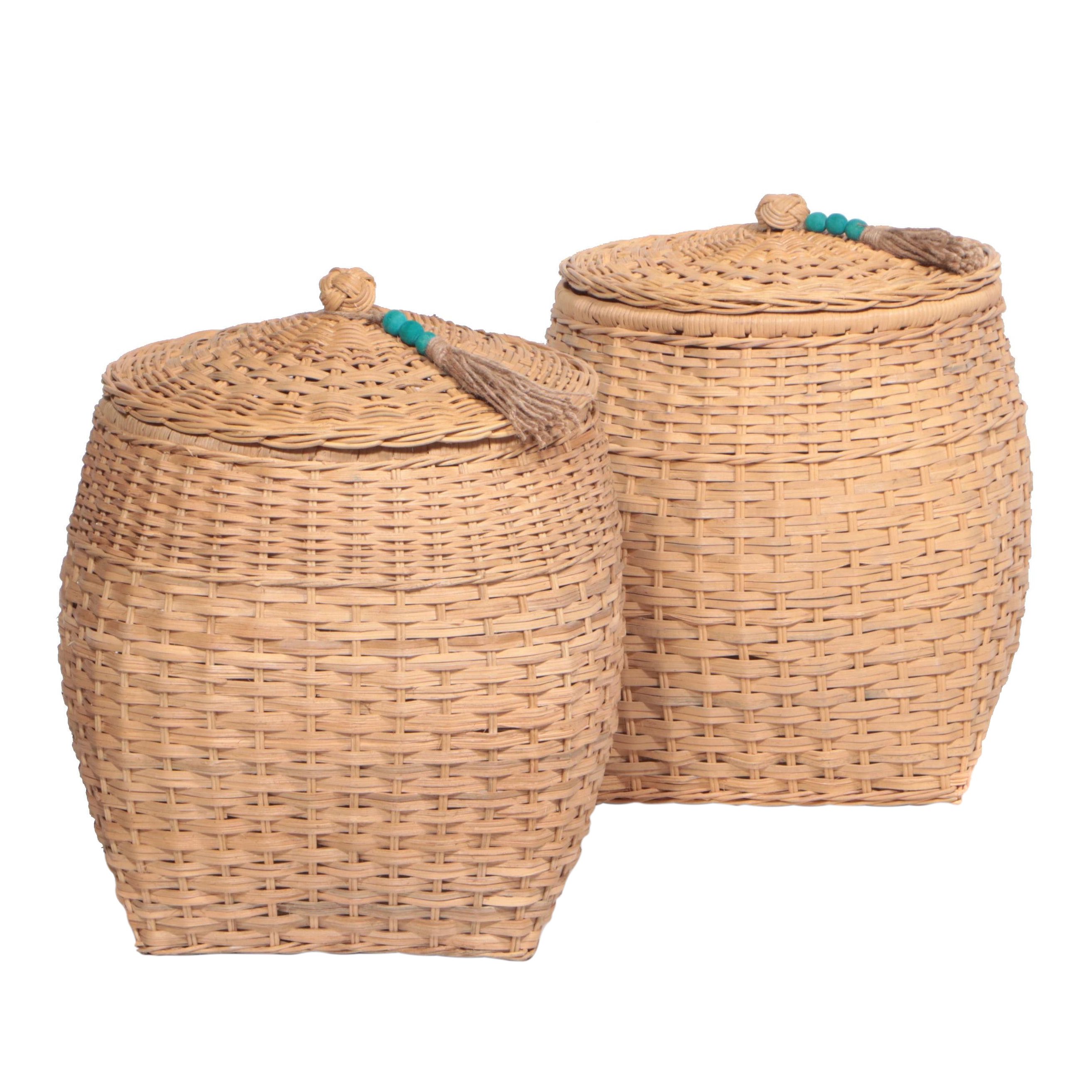 Pair of Opalhouse Designed with Jungalow Rattan Baskets with Tassel Lids