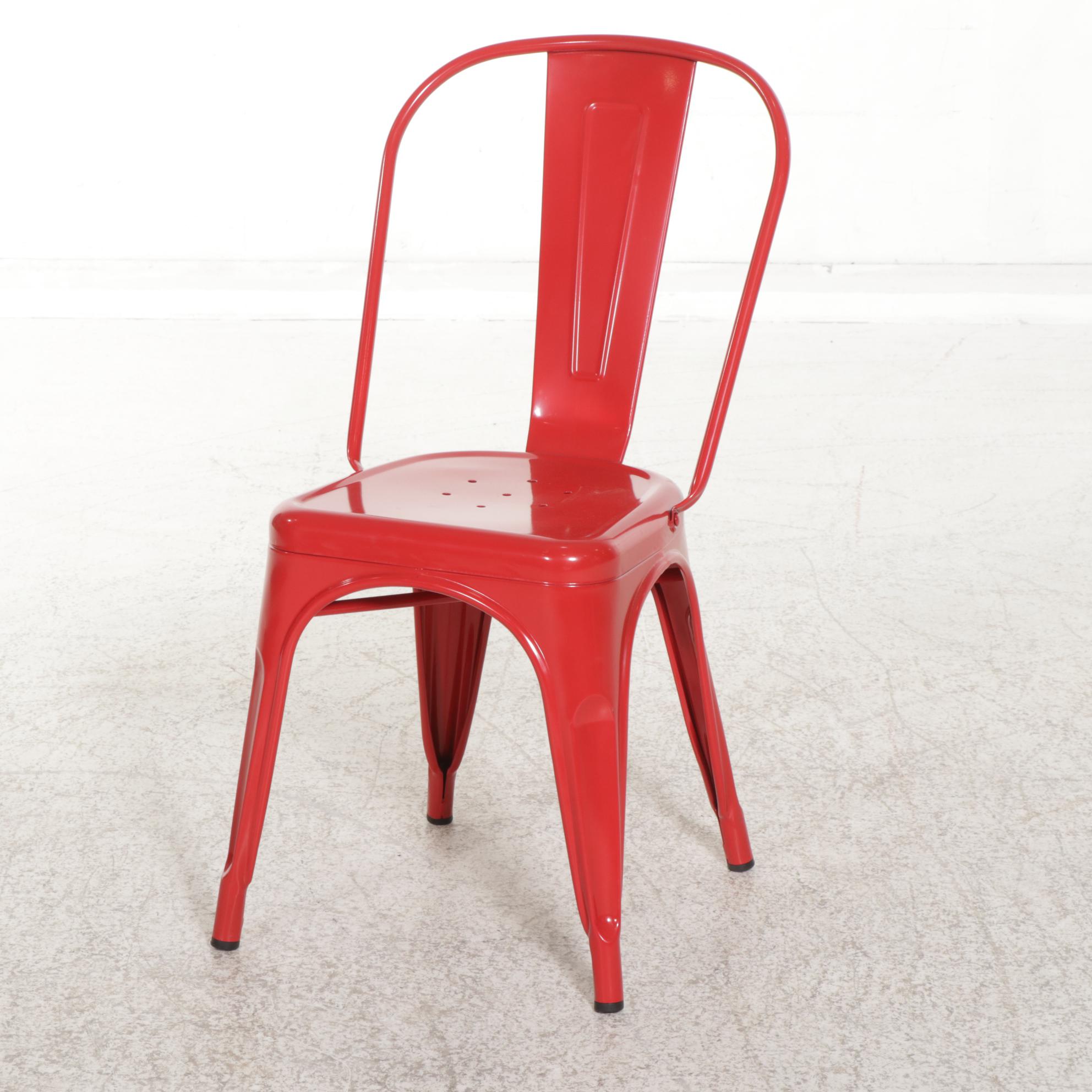 Eight Contemporary Red Powder-Coated Metal Bistro Chairs