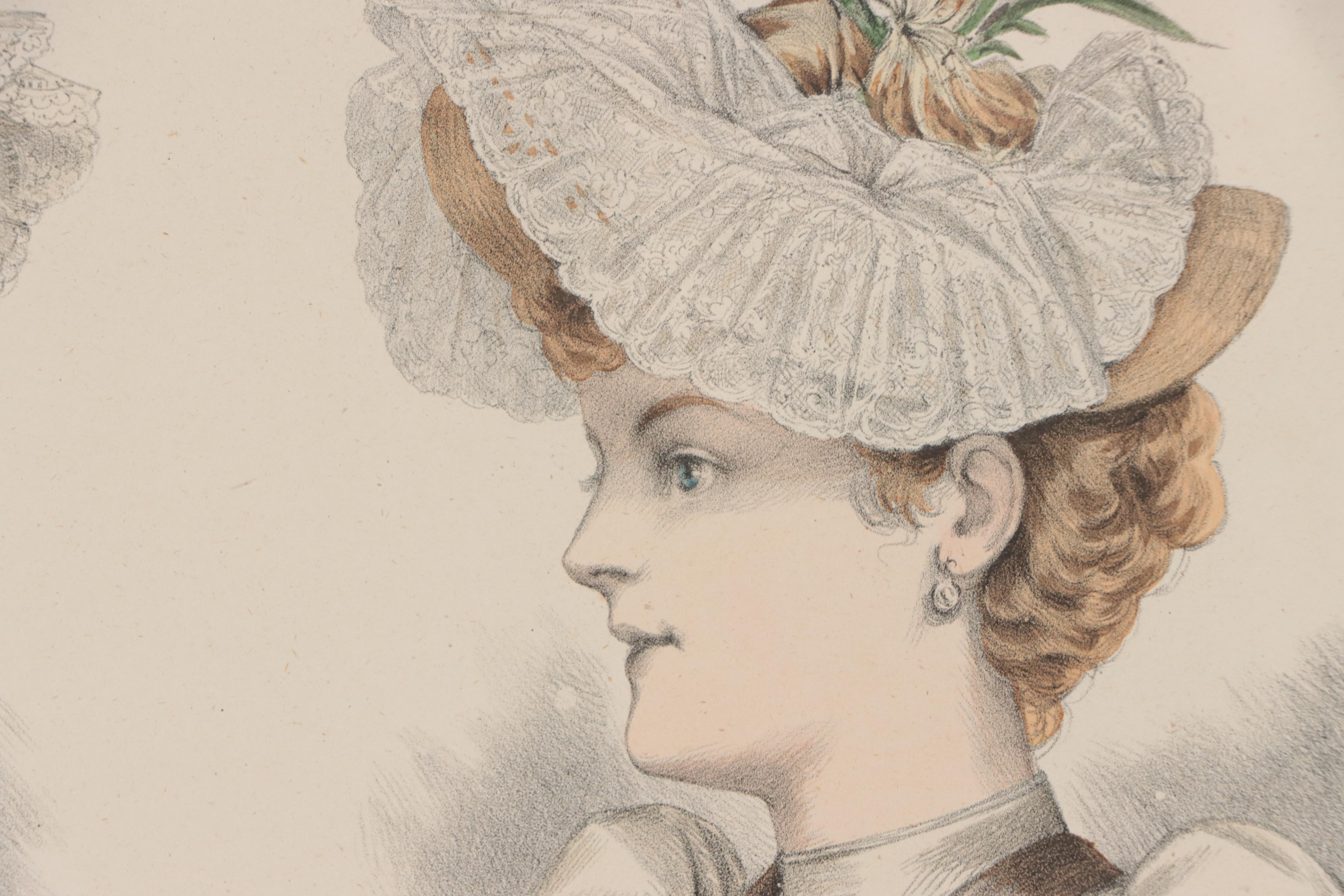 Hand-Colored Lithograph of French Fashions, 19th Century