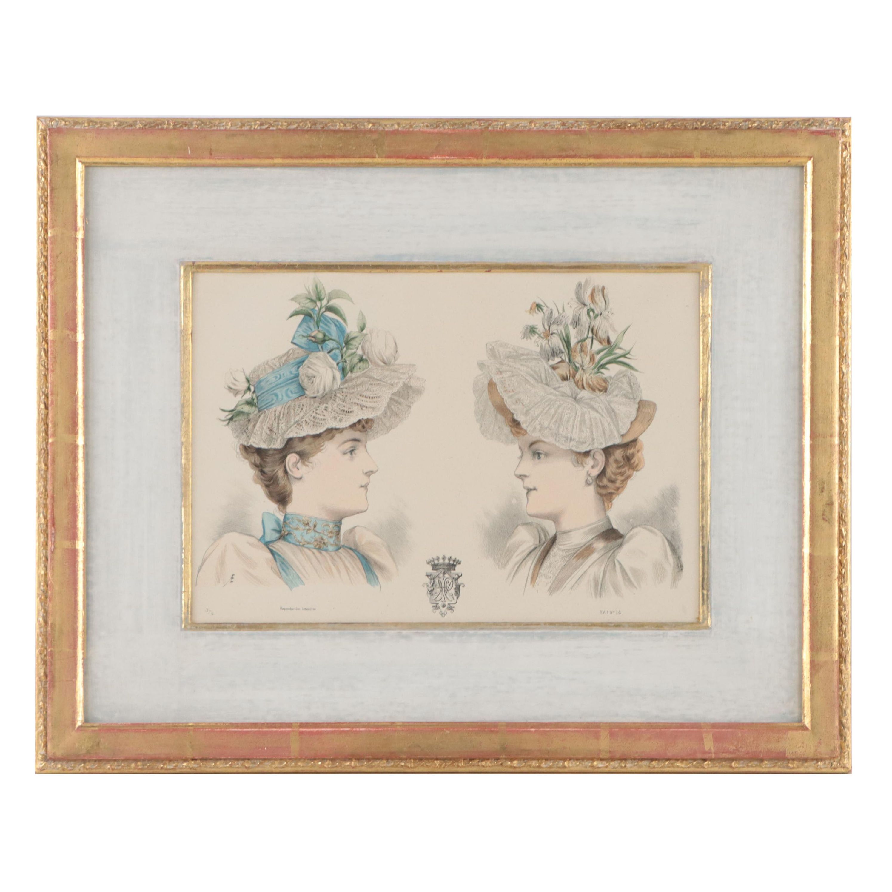 Hand-Colored Lithograph of French Fashions, 19th Century