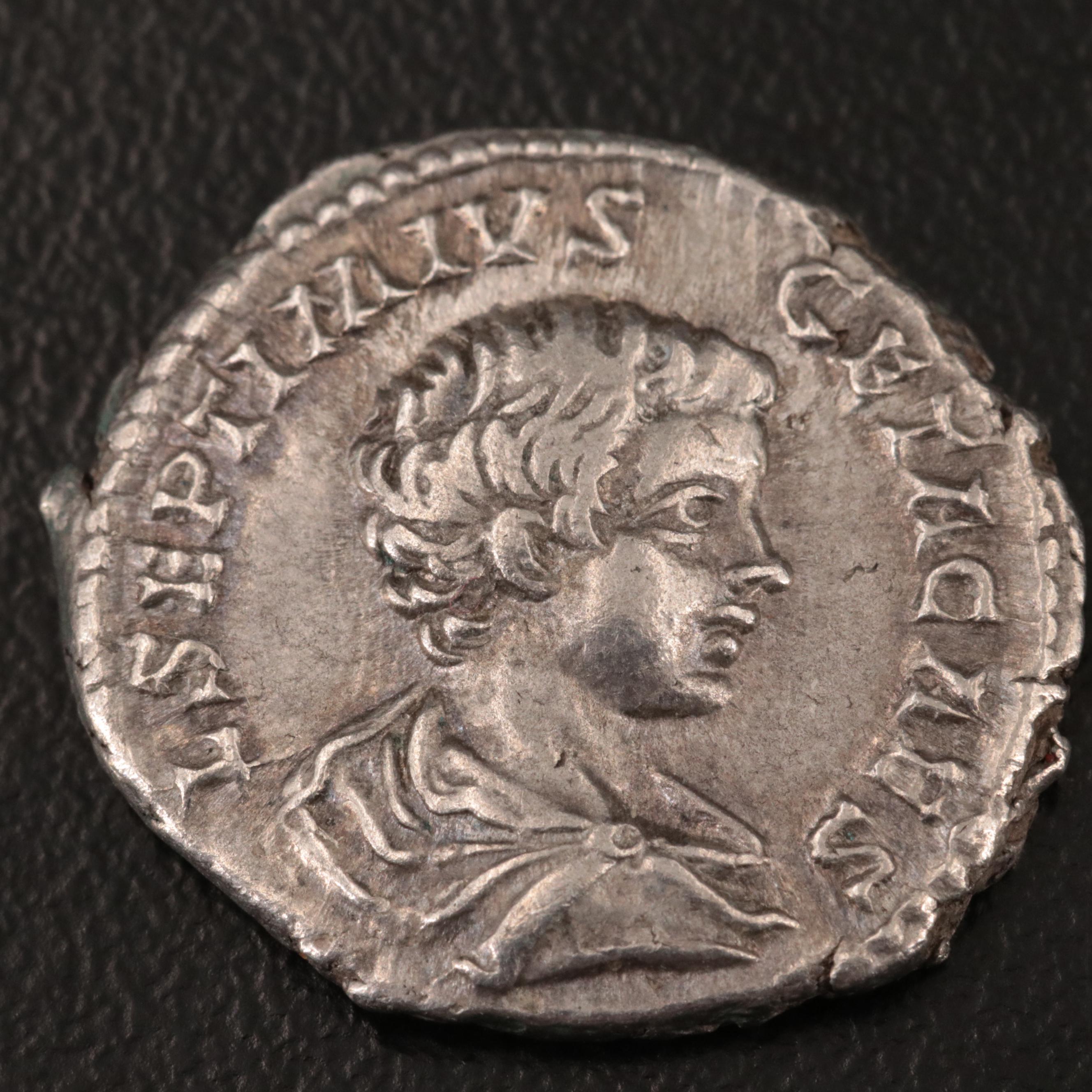 Ancient Roman Imperial AR Denarius of Geta, ca. 209 AD