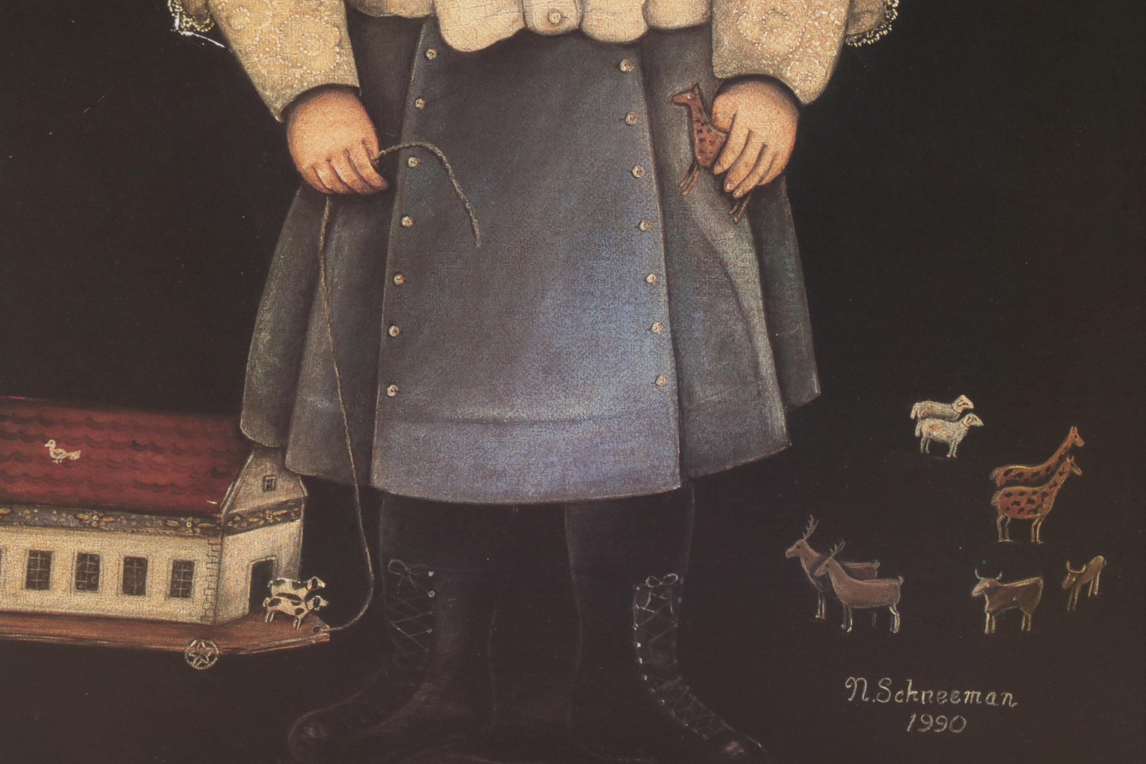 Folk Art Portrait Offset Lithographs After Norma Schneeman, Circa 1990