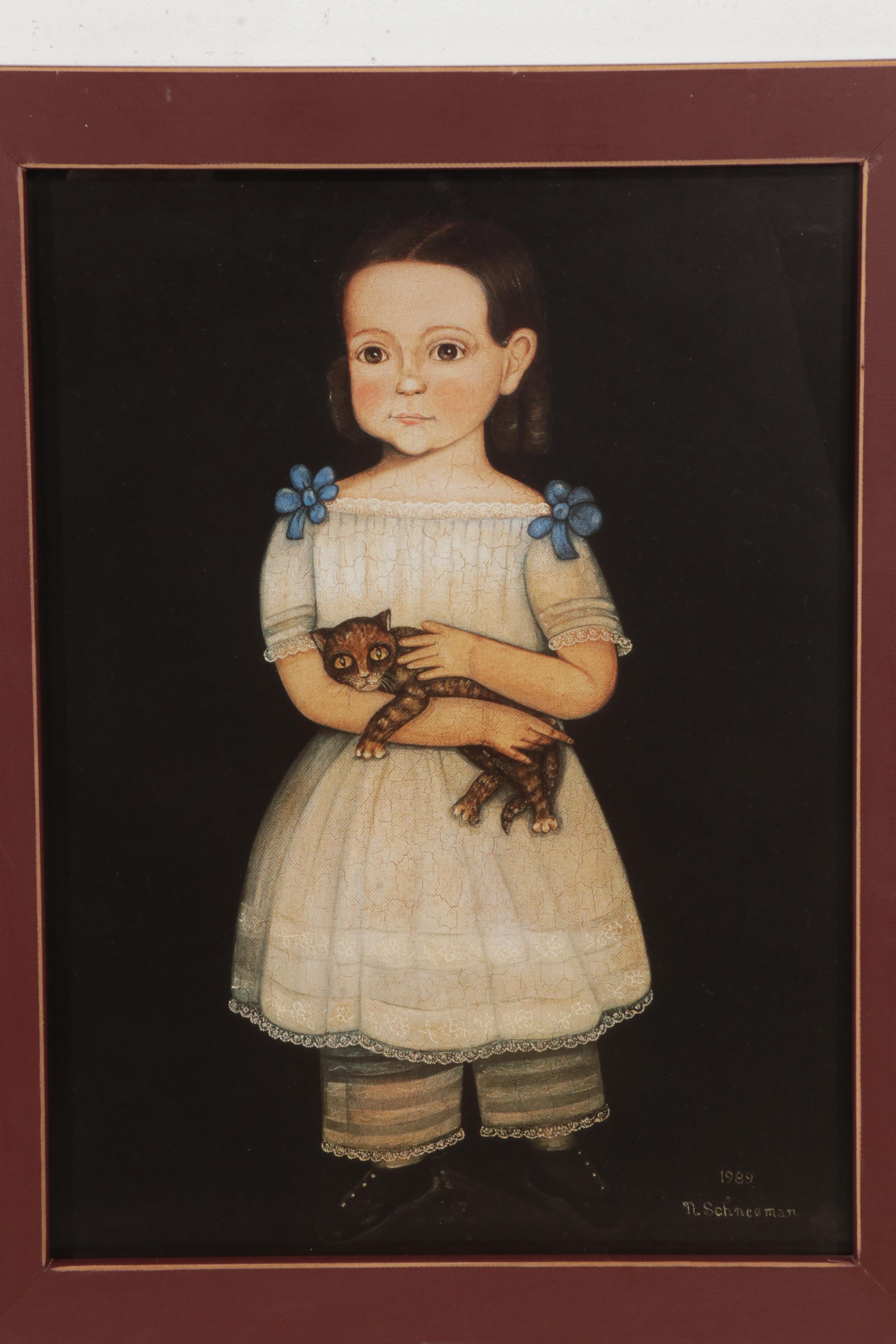 Folk Art Portrait Offset Lithographs After Norma Schneeman, Circa 1990